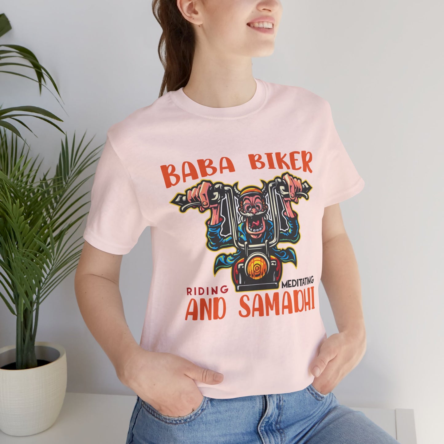 Baba Biker, Riding, Meditating and Samadhi - Unisex Jersey Short Sleeve Tee - 13590