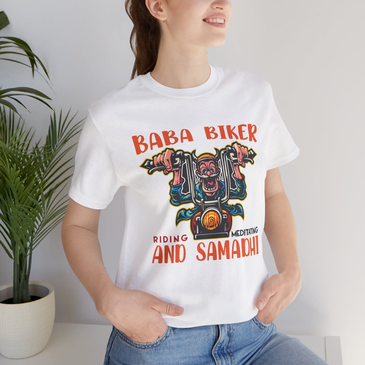 Baba Biker, Riding, Meditating and Samadhi - Unisex Jersey Short Sleeve Tee - 13590