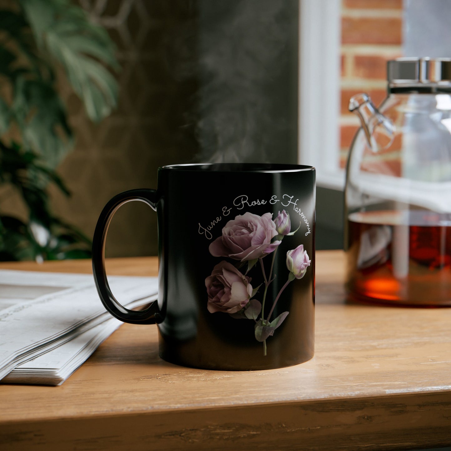 Happy Birthday, June, Rose, Customized Ceramic Black Mug (11oz, 15oz)