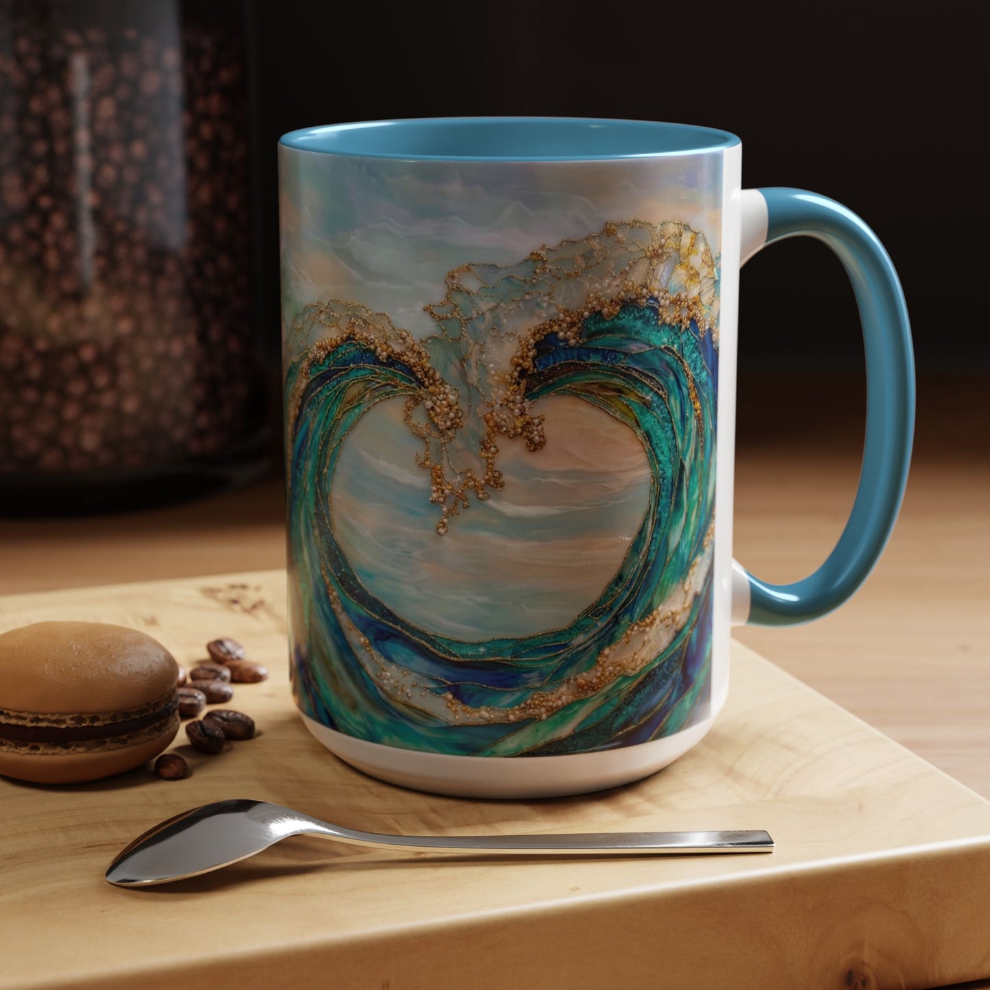 Ocean Heart Wave Coffee Mug — Teal Blue Accent Beachy Ceramic Mug (11/15oz) - 14521