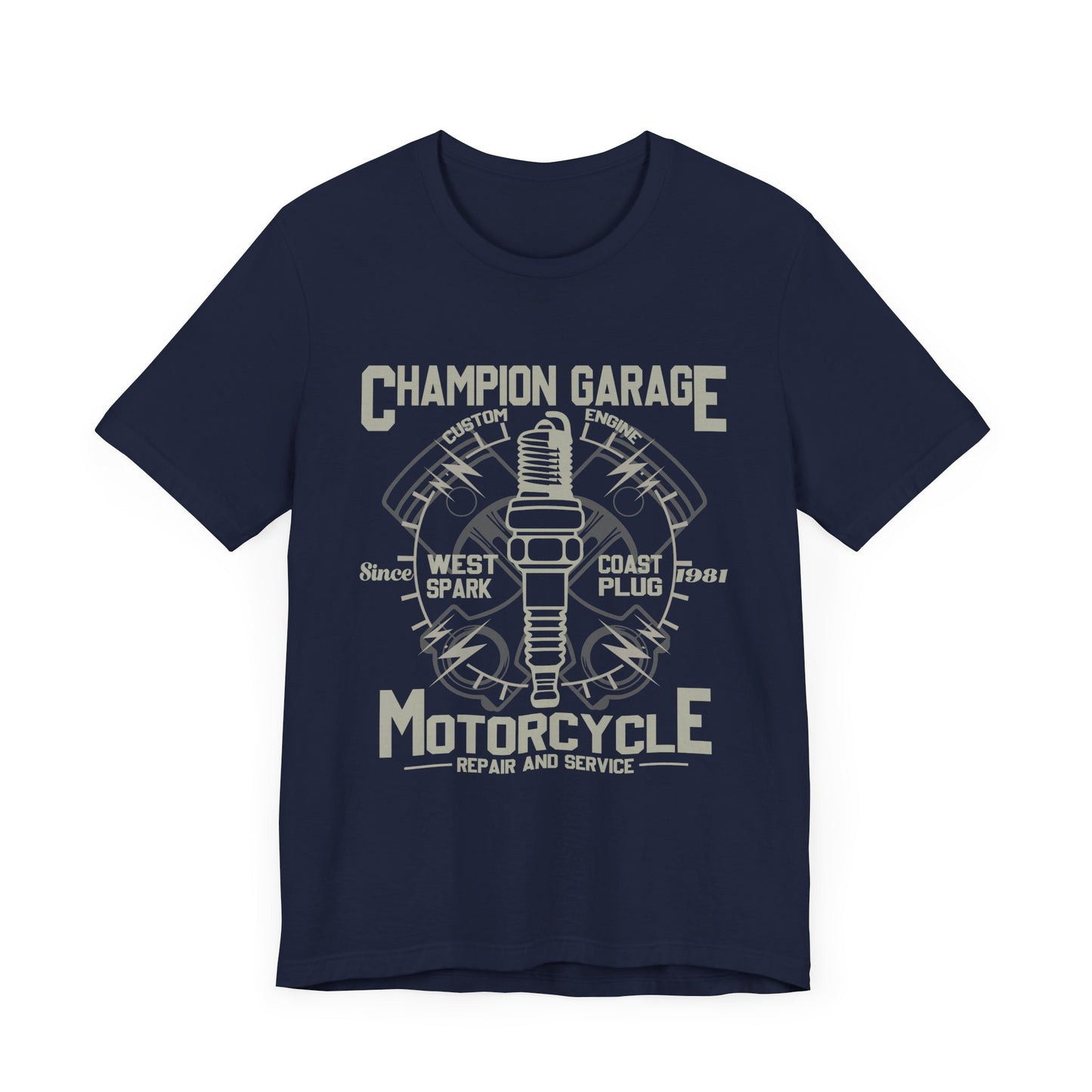 Champion Garage, Motorcycle Repair & Service - Unisex Jersey Short Sleeve Tee - 13371