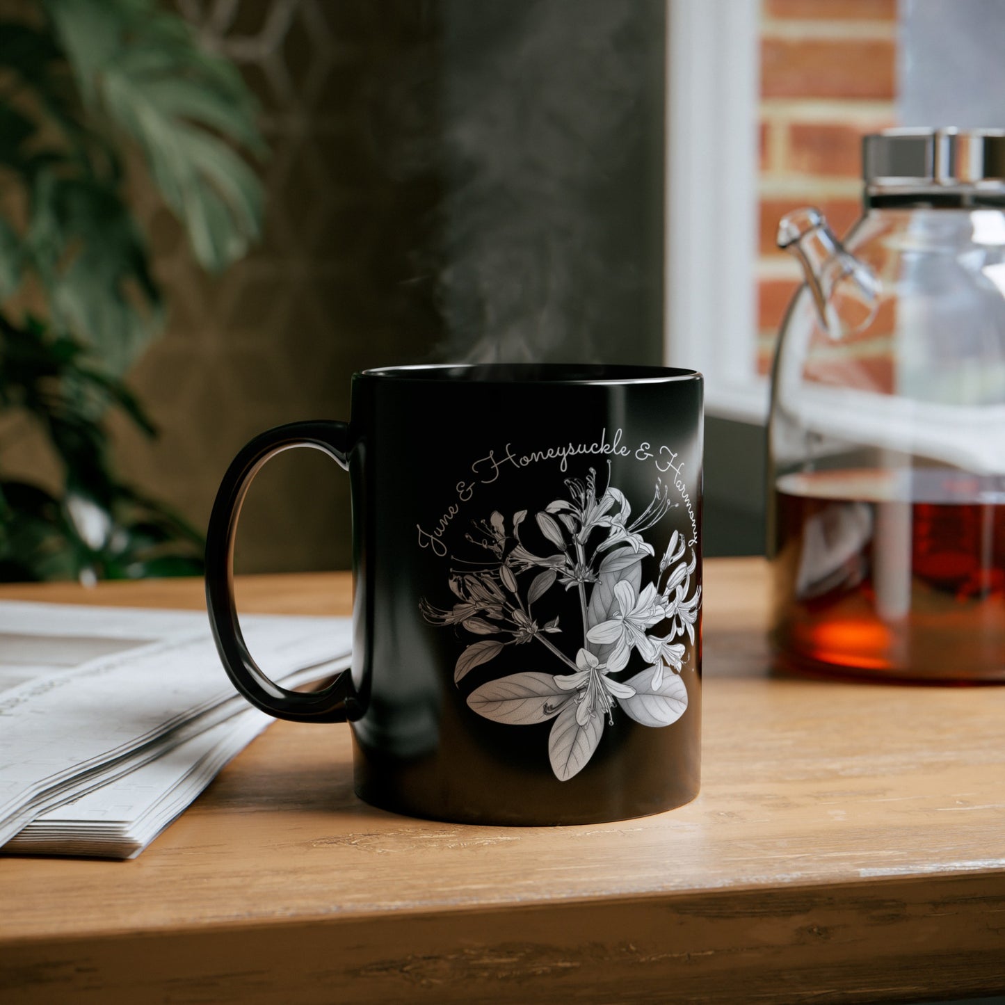 Happy Birthday, June, Honeysuckle, Customized Ceramic Black Mug (11oz, 15oz)