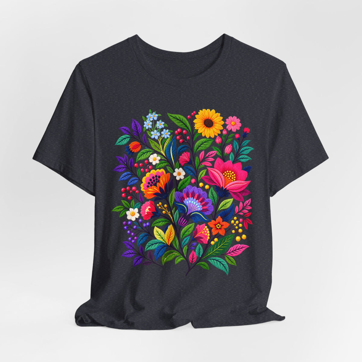 Bright Folk Art Floral T-Shirt, Colorful Flower Bouquet Tee - 14513