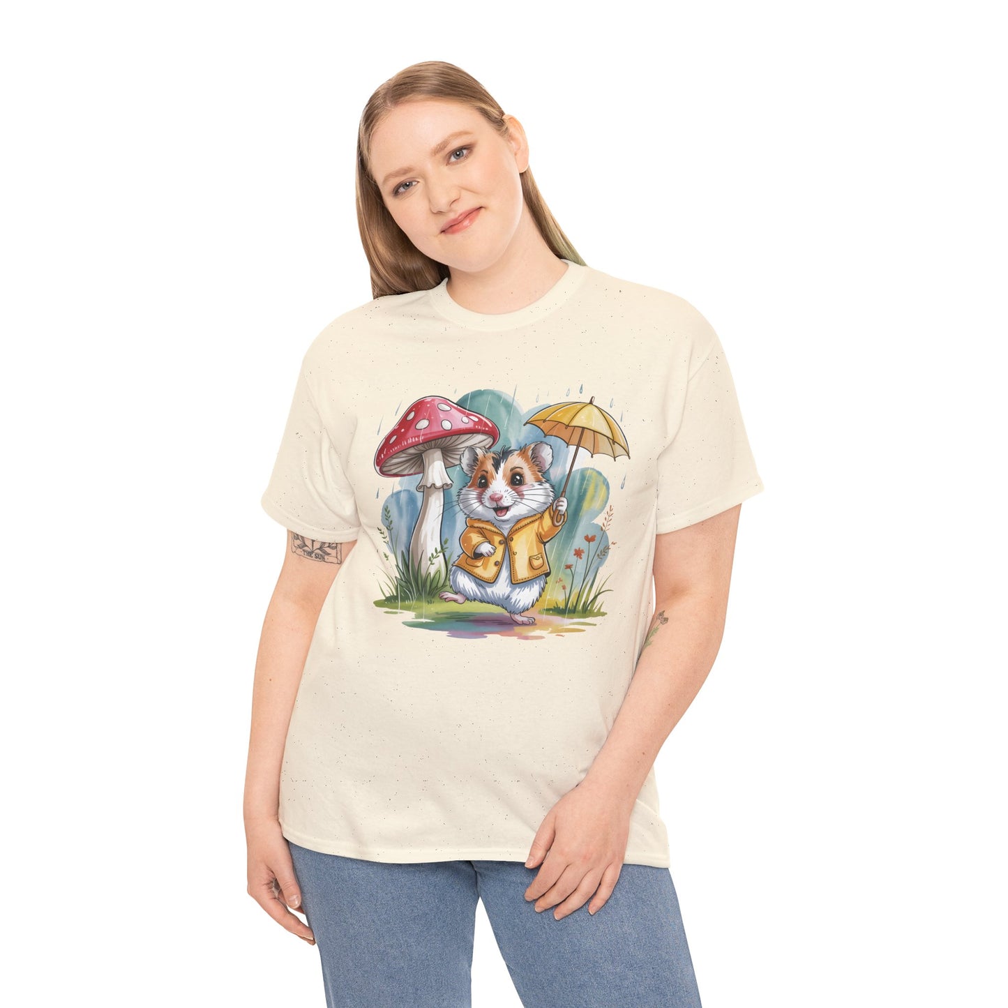 Cute Hamster T-Shirt – Raincoat Umbrella Animal Tee Watercolor Mushroom Gift - 14853