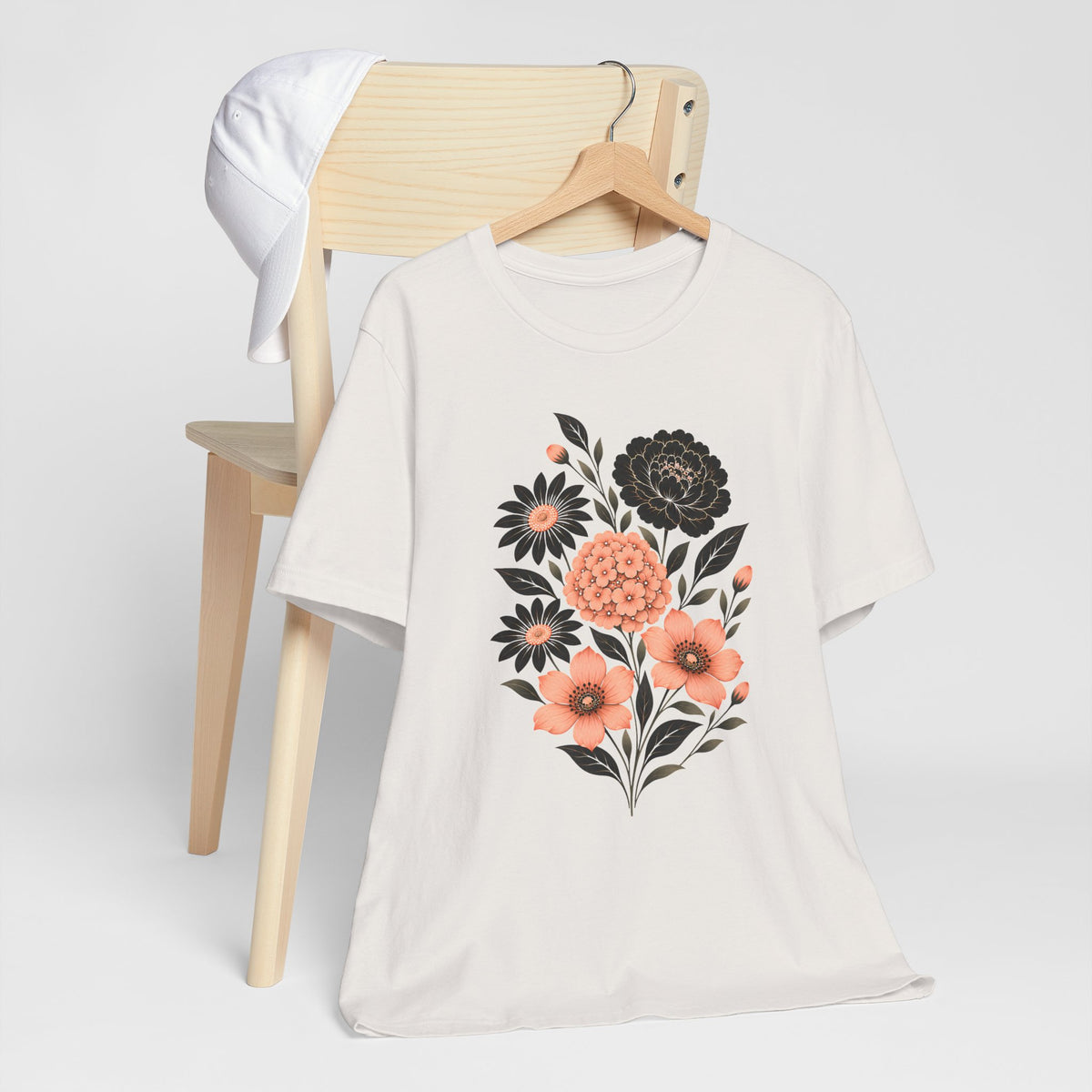 Floral Bouquet T-Shirt, Peach & Black Garden Flower Tee - 14502