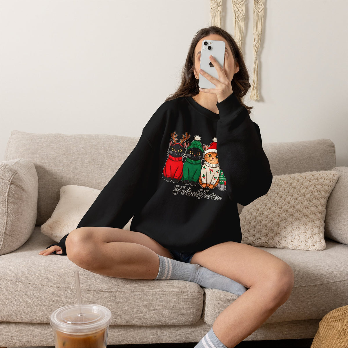 Feline Festive Sweatshirt, Cute Christmas Cats Crewneck - 14564