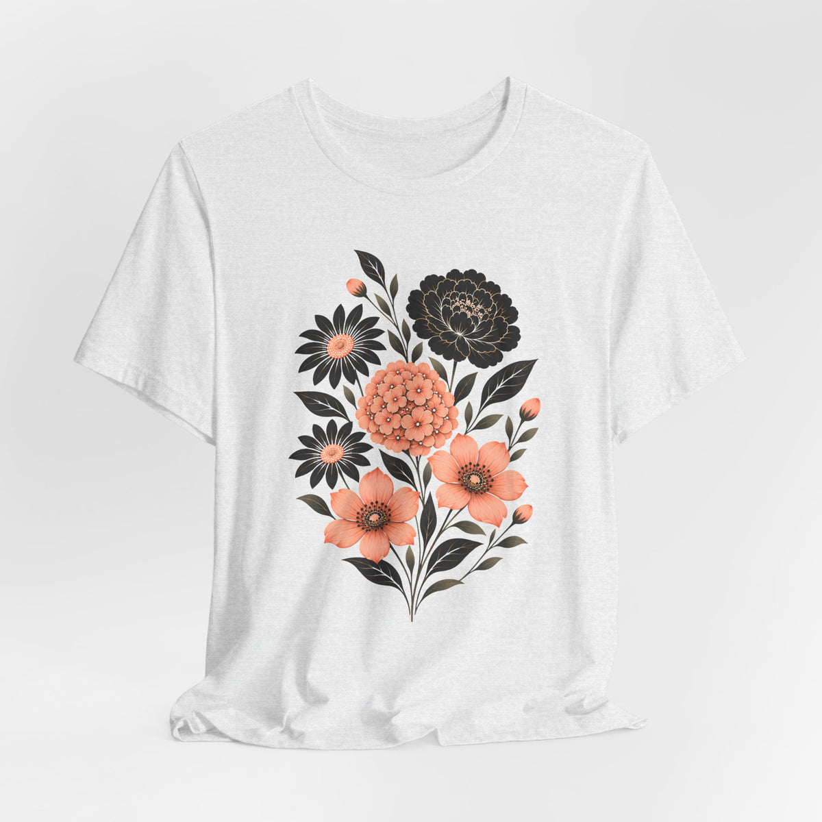 Floral Bouquet T-Shirt, Peach & Black Garden Flower Tee - 14502