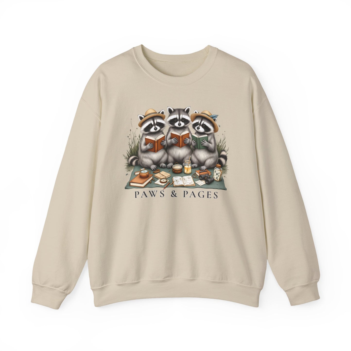 Paws & Pages Raccoon Reading Sweatshirt – Cozy Book Lover Crewneck, Cute Reader Gift - 14817