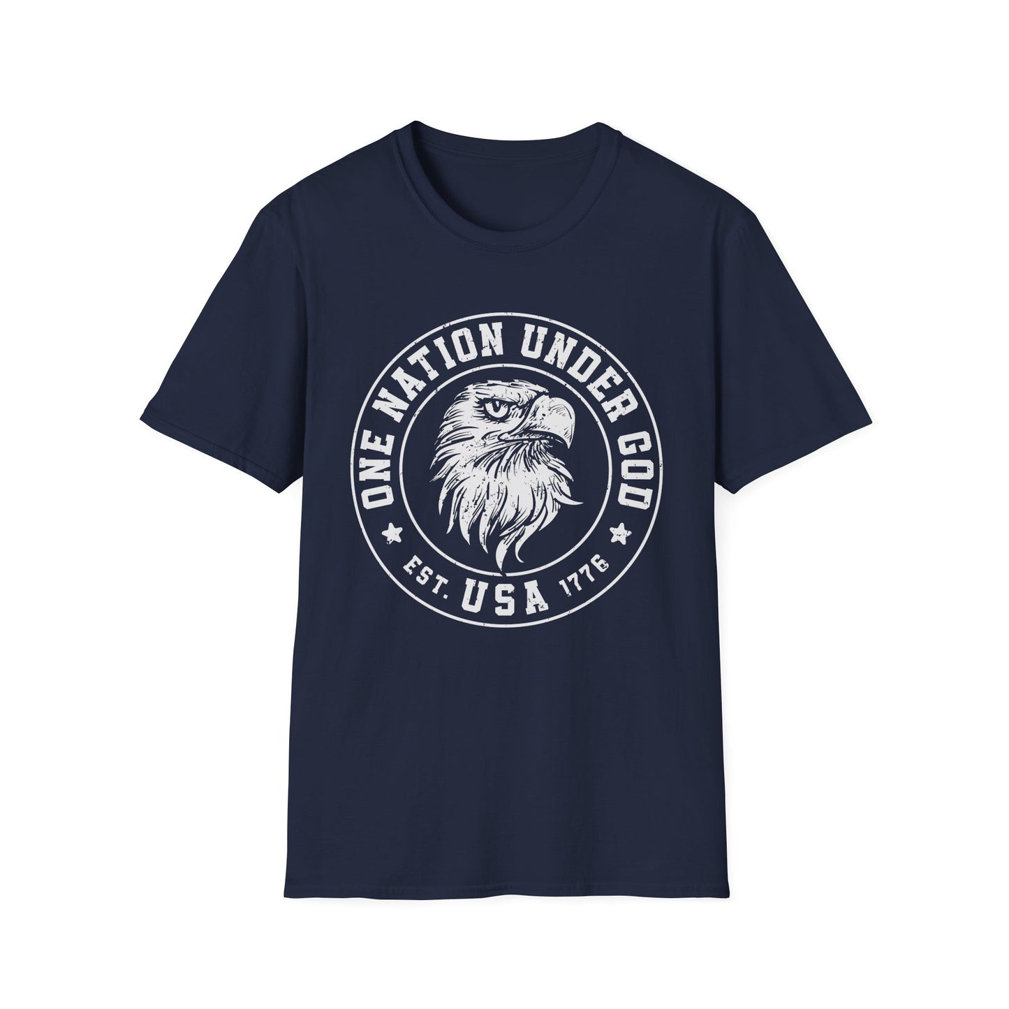 Patriotic Graphic T-Shirt - One Nation Under God, USA Eagle Tee, Unisex Softstyle Top for Independence Day, Veteran Gifts - 13698