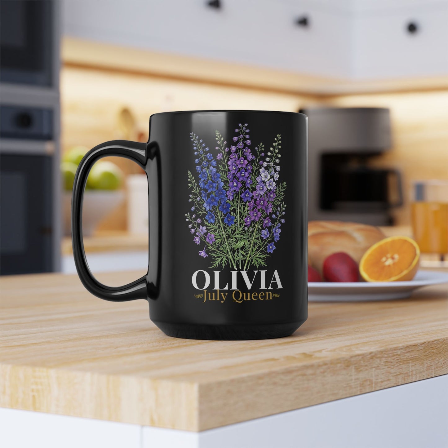 Personalized July Birth Flower Mug – Custom Name Larkspur Floral Coffee Cup, July Queen Gift for Her, Black Mug 11oz 15oz - 14905