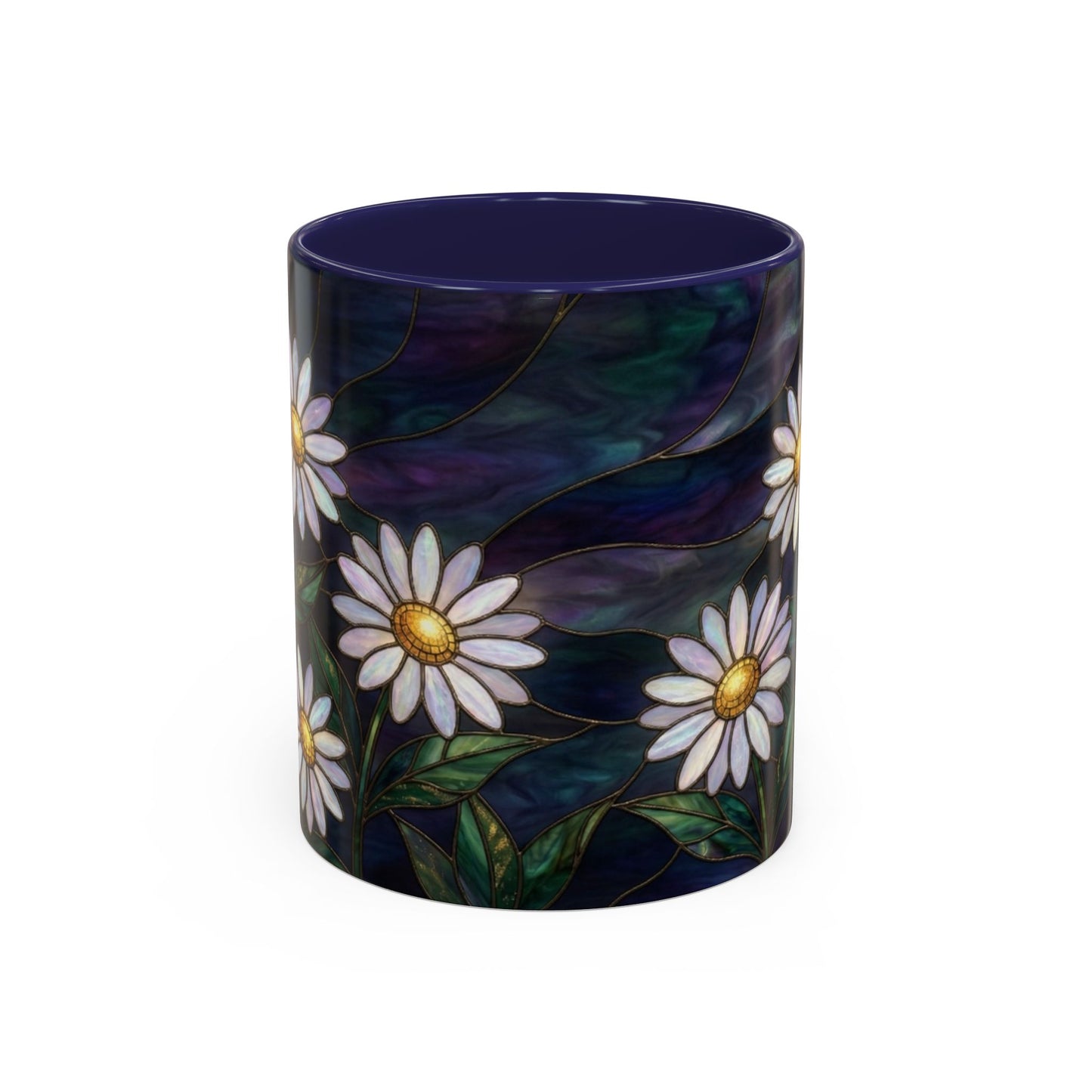 Daisy Stained Glass Accent Coffee Mug — White Daisies on Midnight (11/15oz) - 14535
