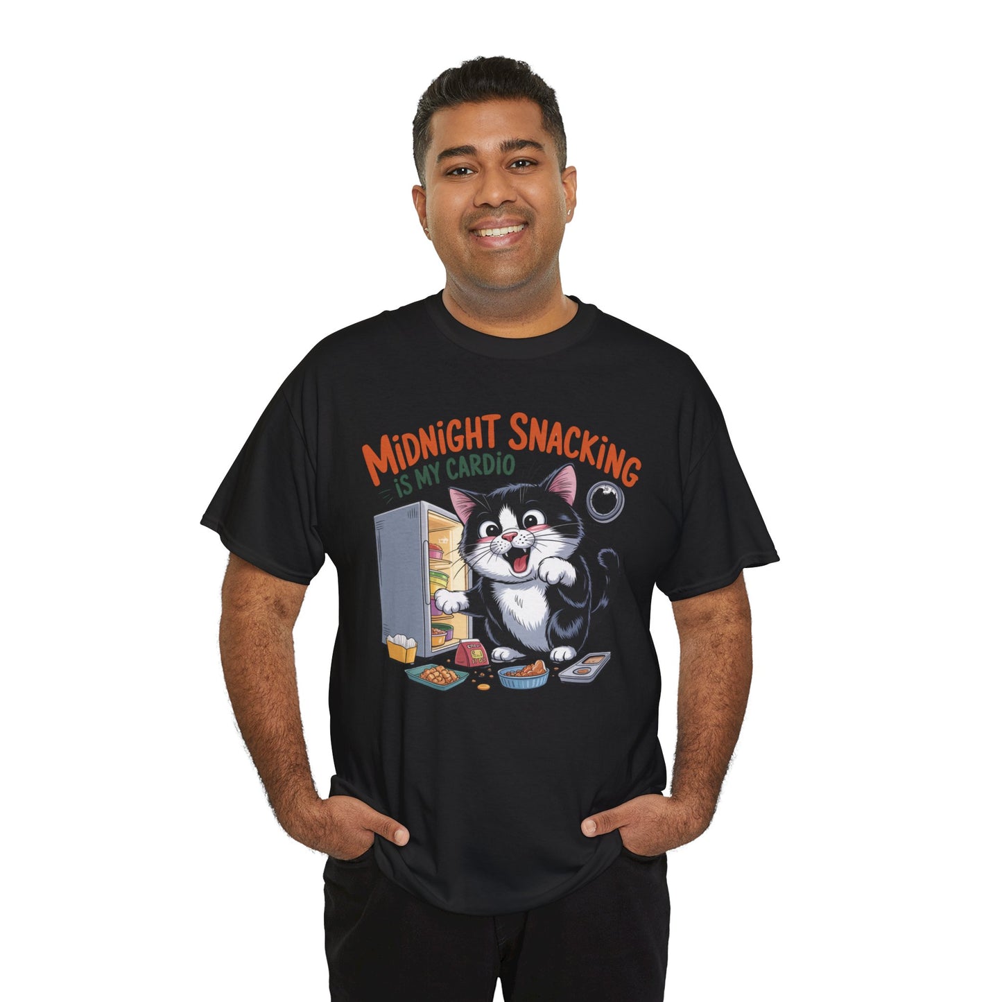 Midnight Snacking Is My Cardio T-Shirt — Funny Cat Graphic Tee, Cute Food Lover Gift - 14865