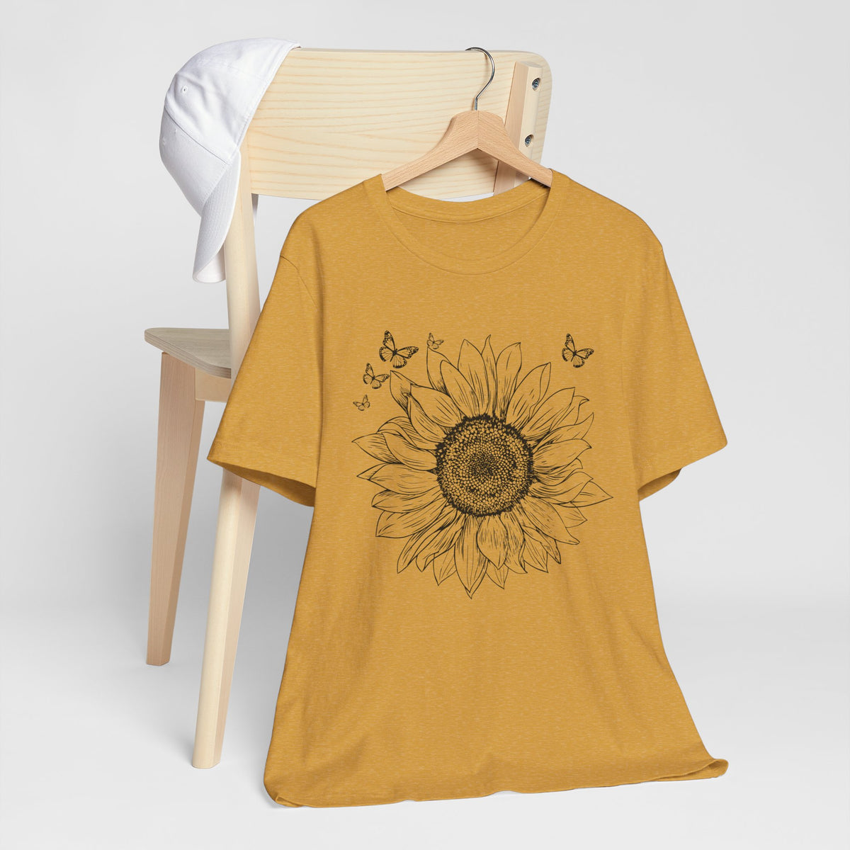 Sunflower Sketch T-Shirt, Vintage Botanical Sunflower & Butterfly Graphic Tee - 14982