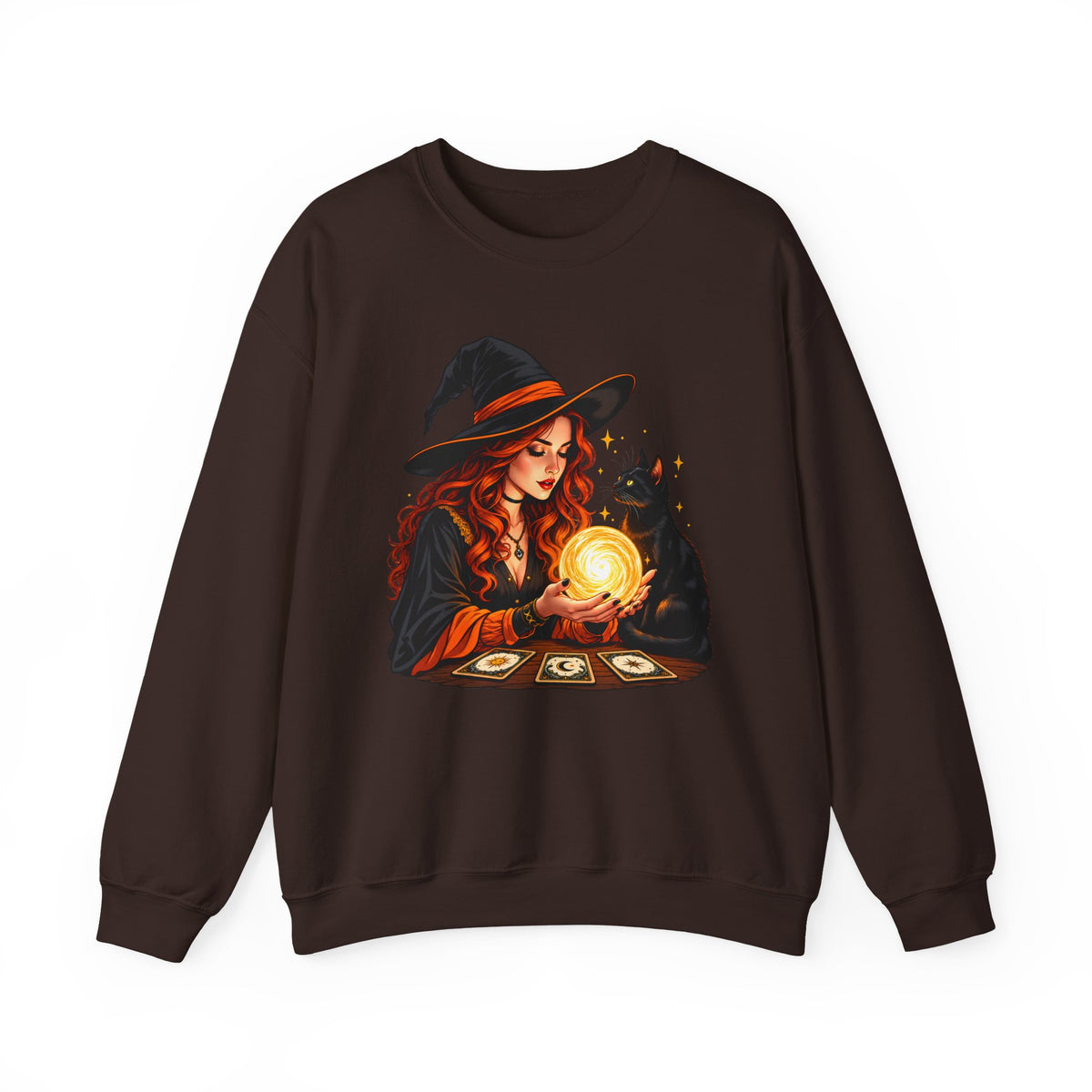 Witch Tarot Crewneck Sweatshirt, Mystic Fortune Teller & Black Cat Design - 14504