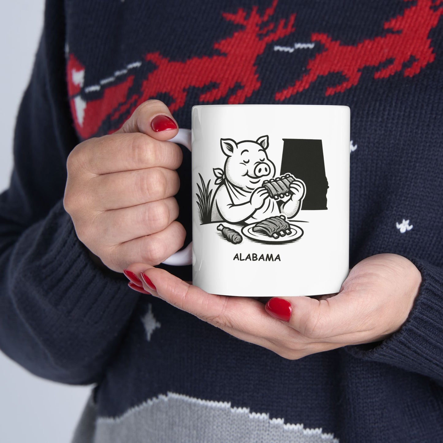 "Alabama: We don’t rush; we savor every moment (and every bite of BBQ)." Ceramic Mug - 11oz & 15oz | 12817