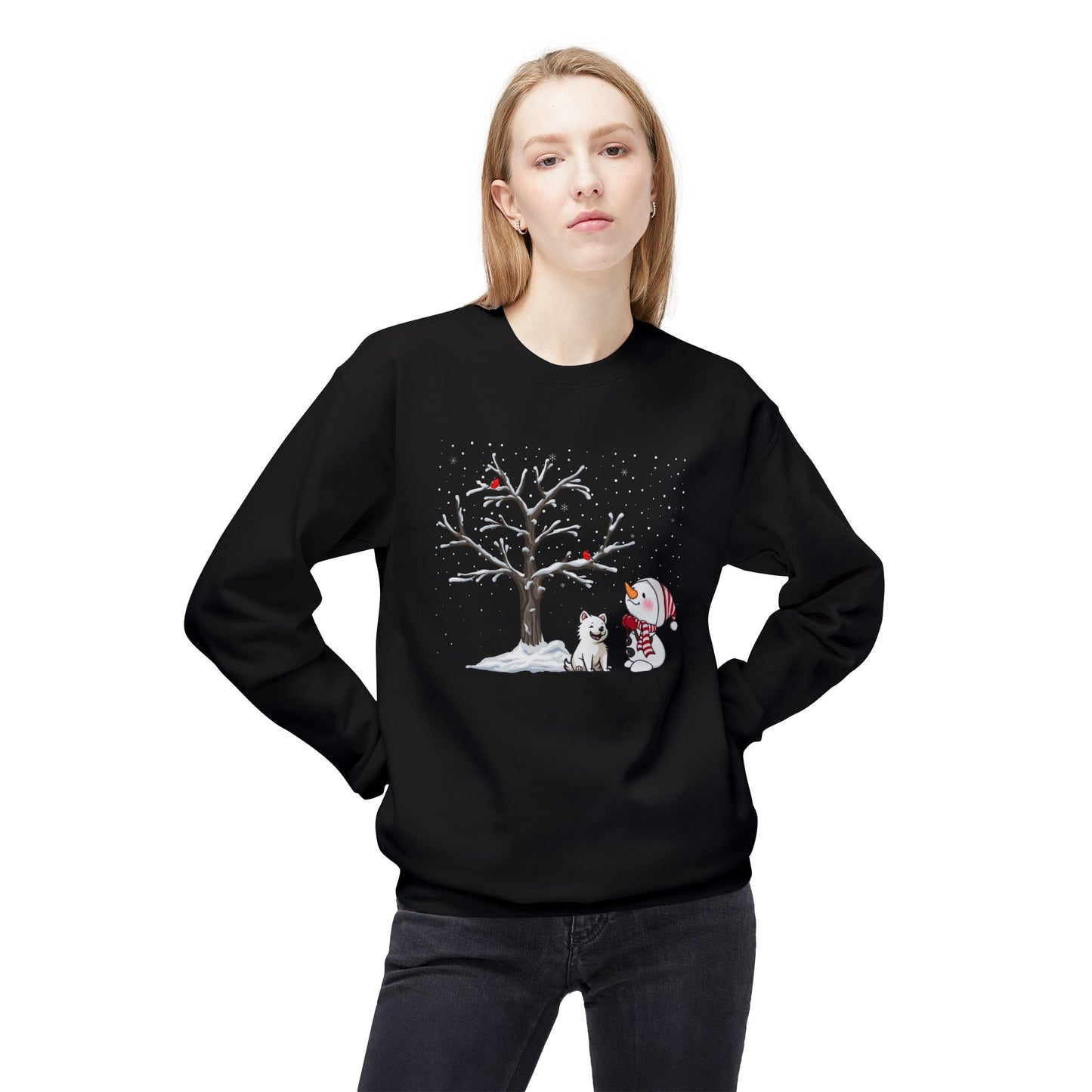 Winter Tree, Snowman & Puppy - Unisex Midweight Softstyle Fleece Crewneck Sweatshirt - 10393