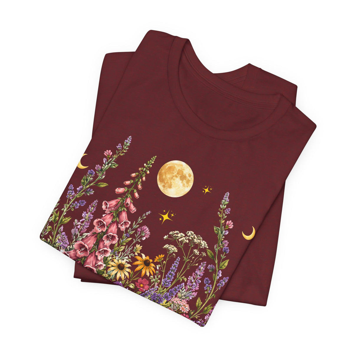 Floral Moon Garden T-Shirt, Vintage Wildflower & Celestial Graphic Tee - 14961