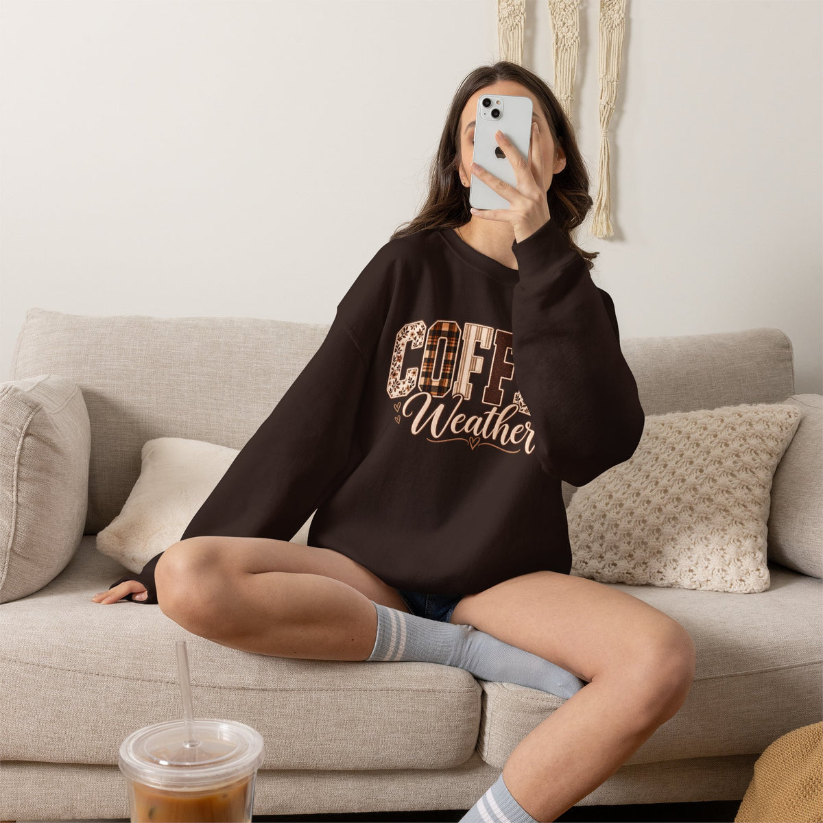 Coffee Weather Sweatshirt, Patchwork Floral Plaid Cozy Crewneck - 14997