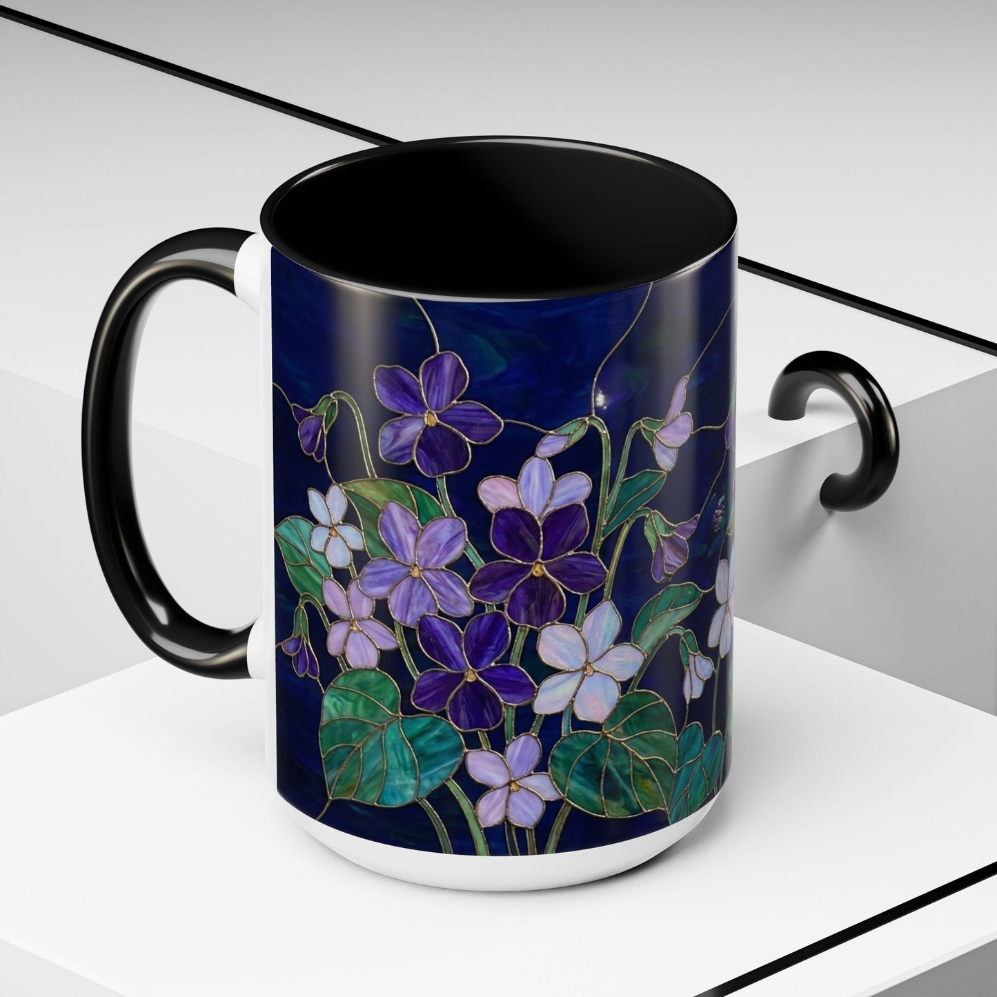 Violet Floral Accent Coffee Mug — Stained Glass Design (11/15oz) - 14588