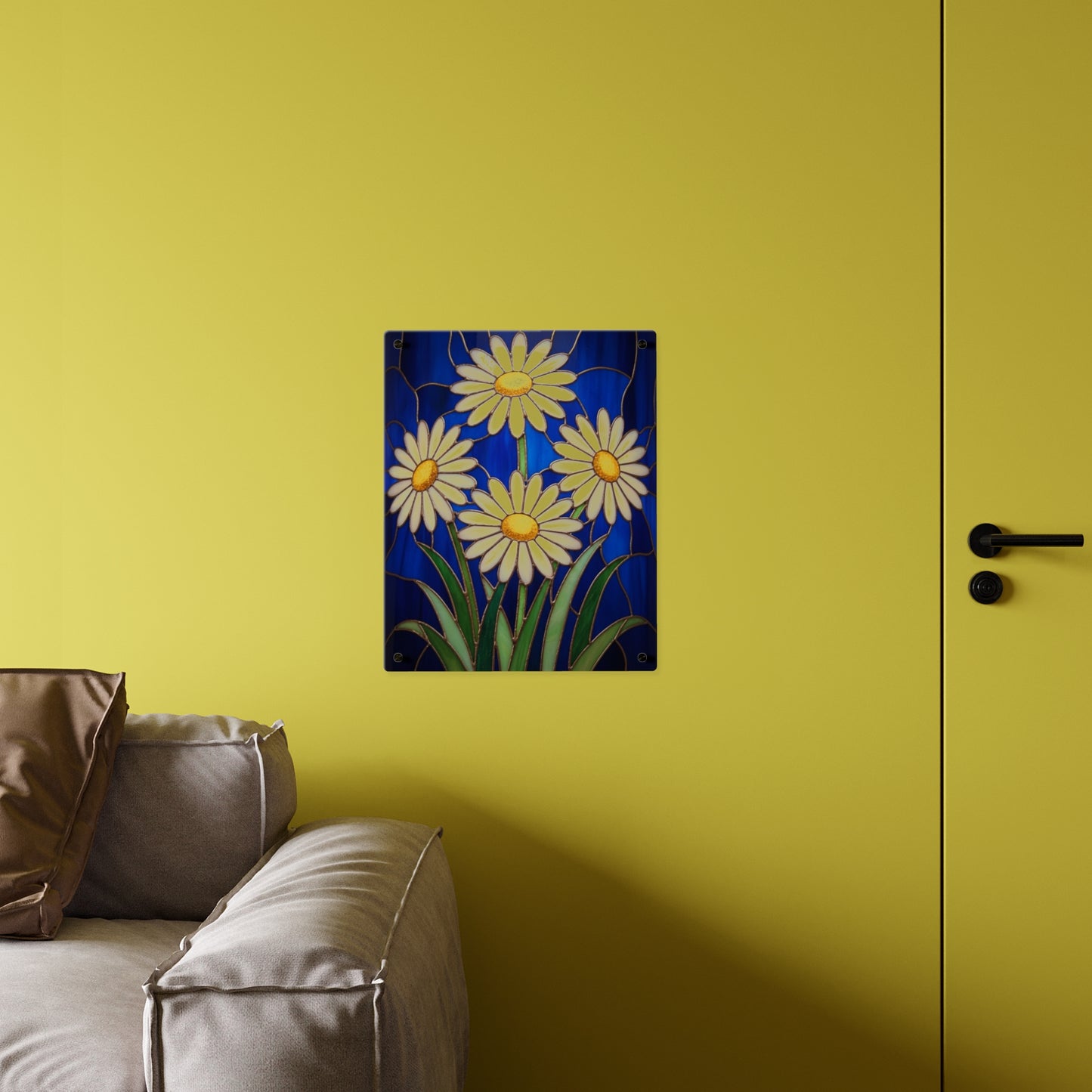 Daisy Stained-Glass Acrylic Wall Art Panel — White Daisies on Deep Blue Background - 14602