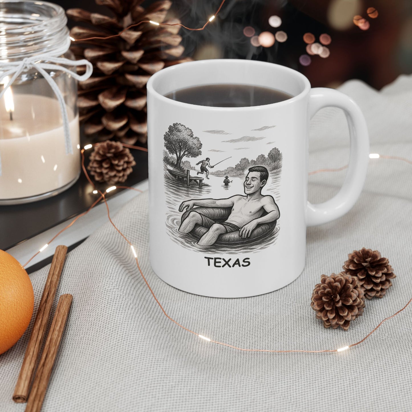 "In Texas, we don’t need a beach—we have lakes, rivers, and plenty of water to cool off in." Ceramic Mug - 11oz & 15oz - 12762