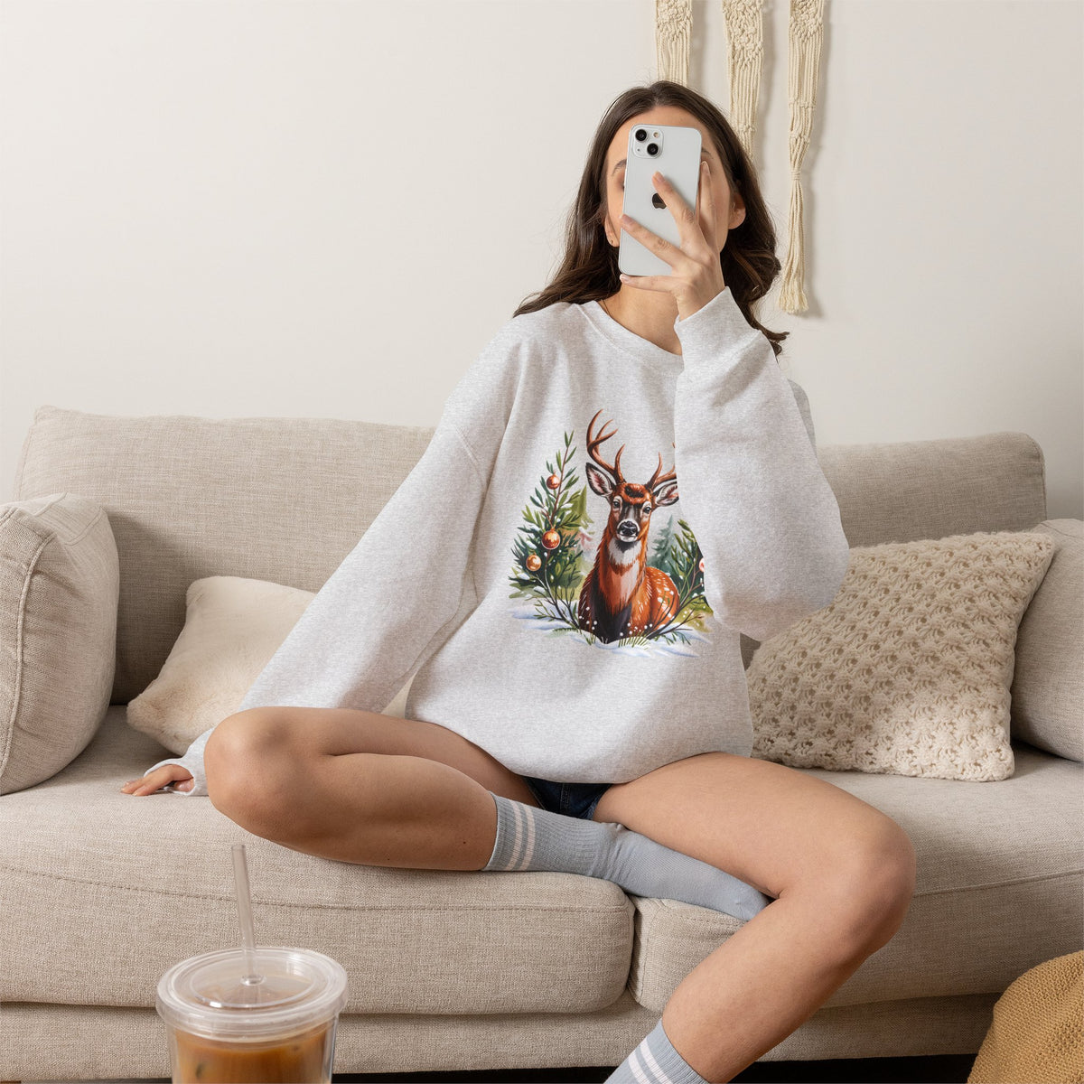 Christmas Deer Sweatshirt, Vintage Woodland Holiday Crewneck - 14562