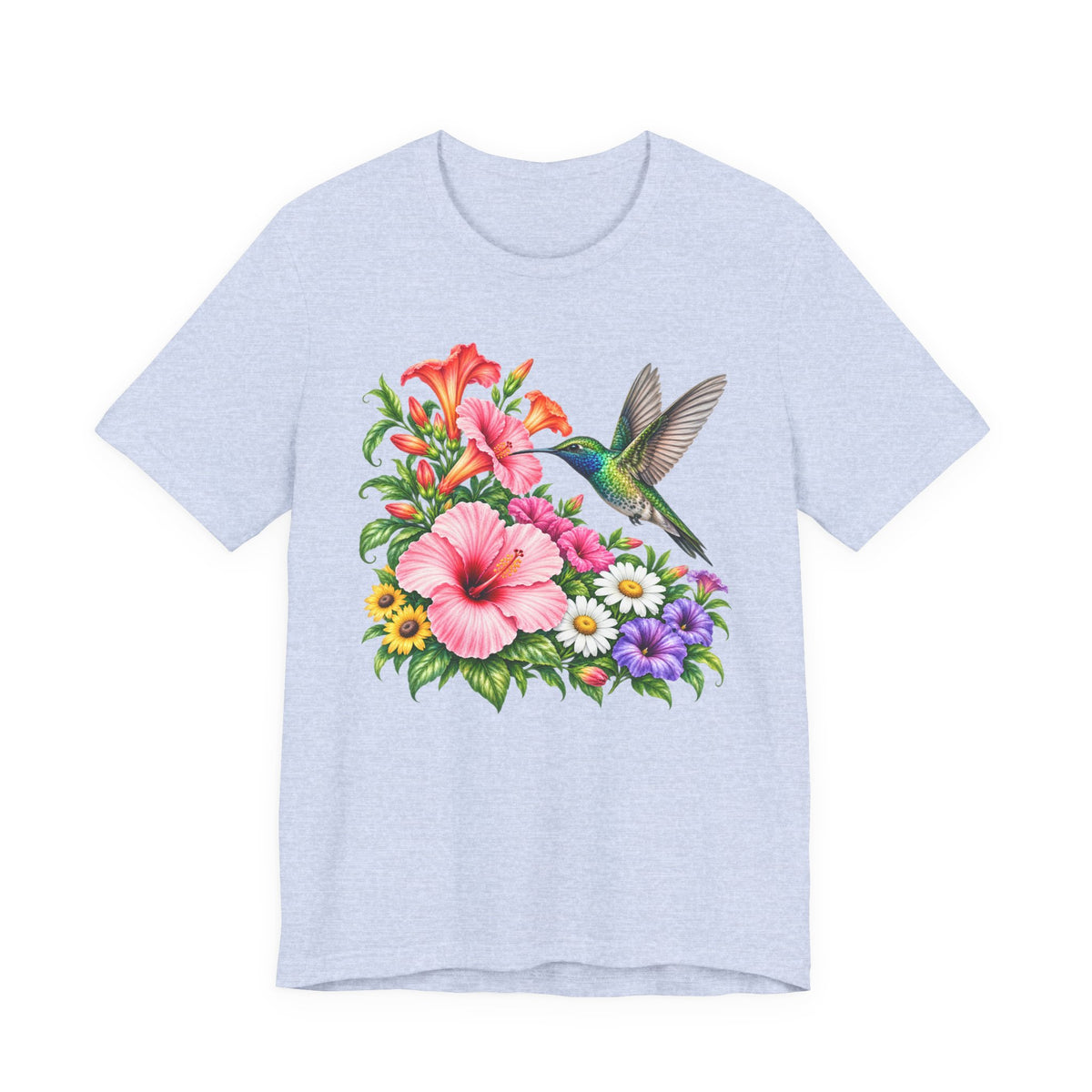 Hummingbird & Hibiscus T-Shirt, Colorful Tropical Floral Garden Tee - 14542