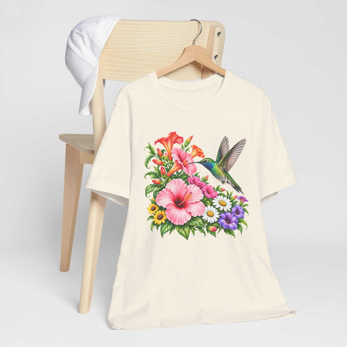 Hummingbird & Hibiscus T-Shirt, Colorful Tropical Floral Garden Tee - 14542