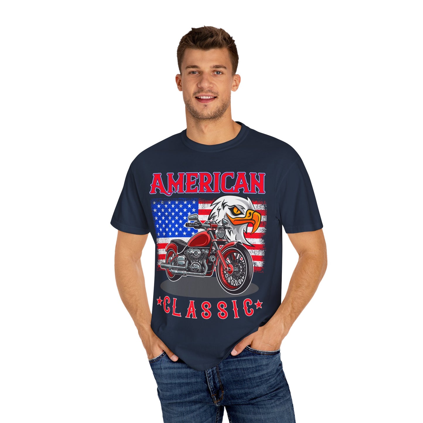 American Classic Tee, Unisex Garment-Dyed T-shirt, Biker Gift, Patriotic Apparel, Rider and Eagle Fashion, Vintage Style - 13658
