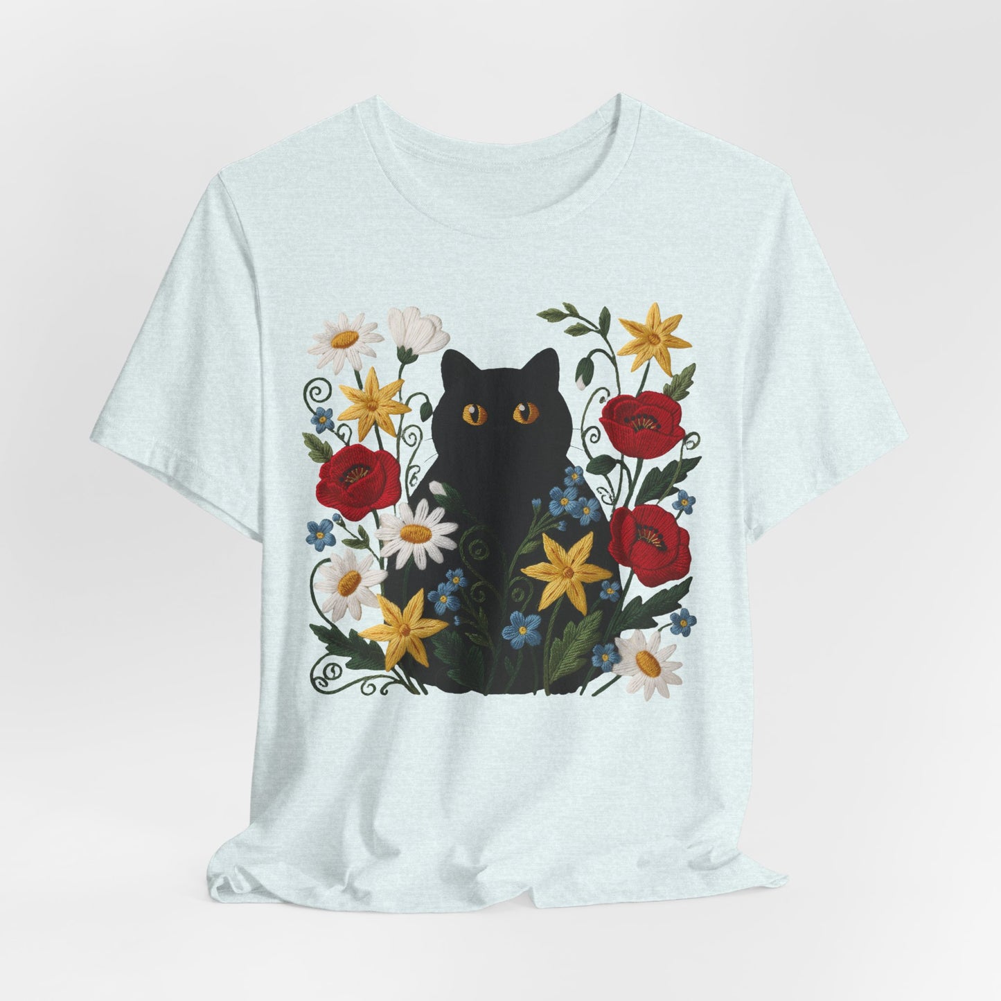 Black Cat in Wildflowers T-Shirt — Floral Cat Tee for Cat Lovers - 14921