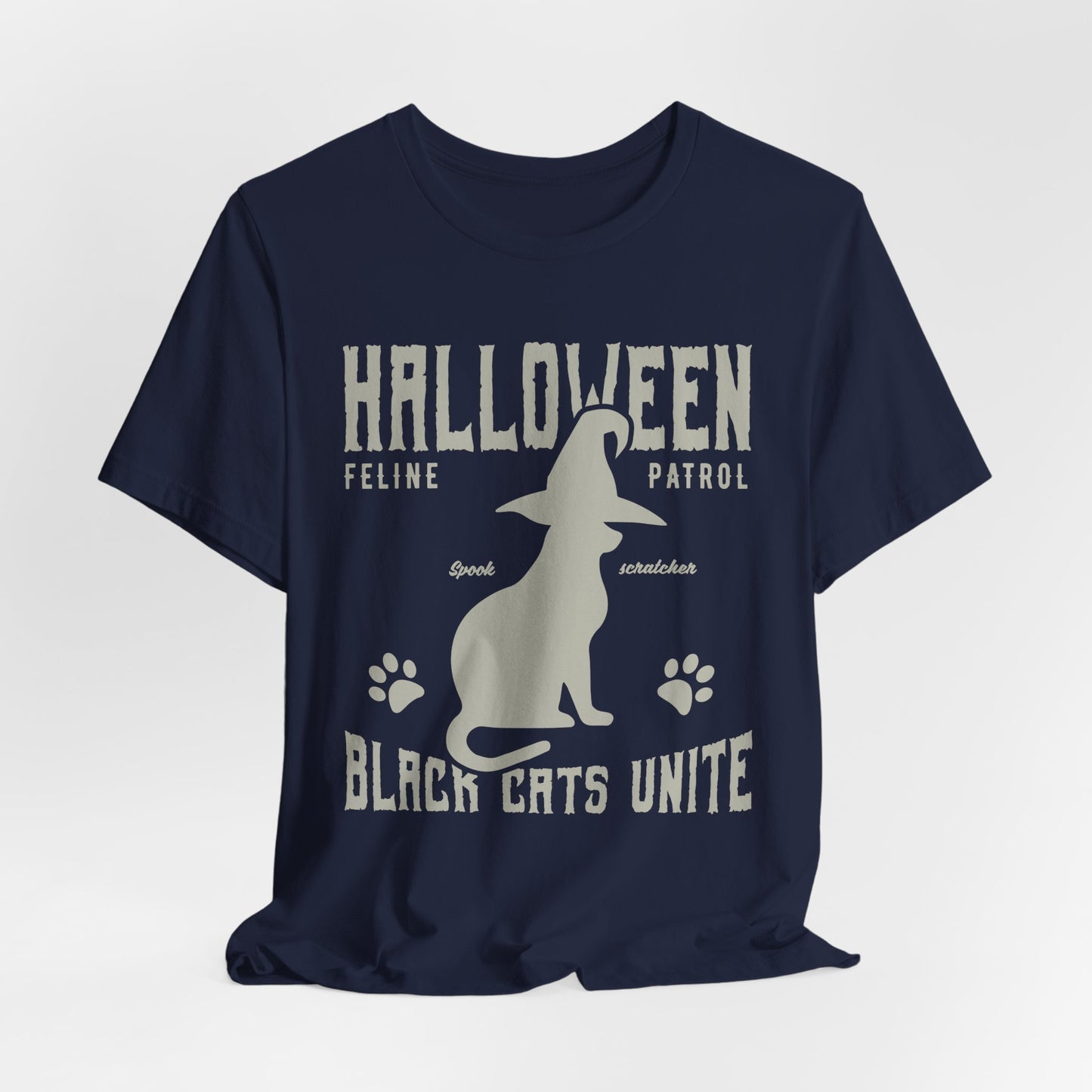 Halloween Feline Patrol, Spook Scratcher, Black Cats Unite  - Unisex Jersey Short Sleeve Tee - 12928