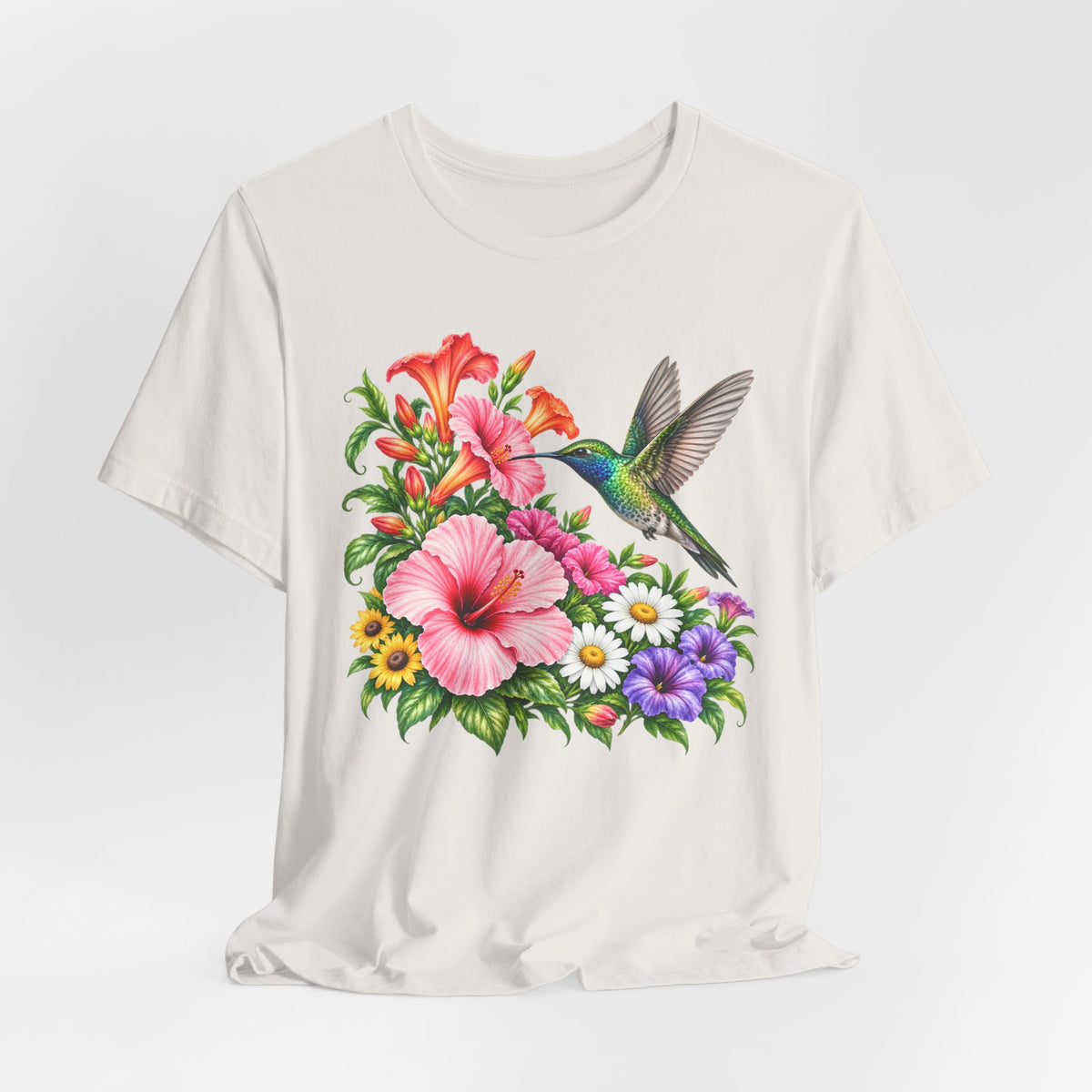 Hummingbird & Hibiscus T-Shirt, Colorful Tropical Floral Garden Tee - 14542