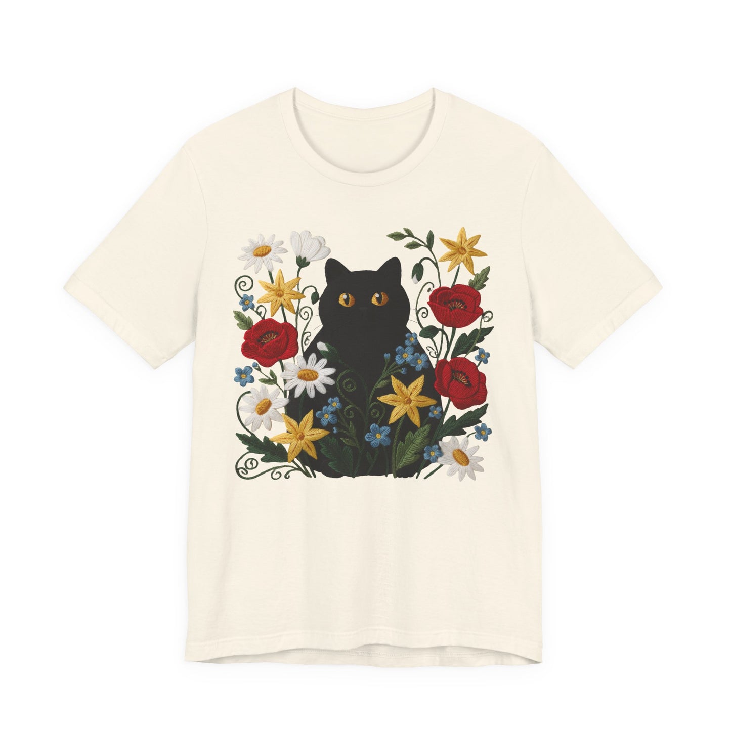 Black Cat in Wildflowers T-Shirt — Floral Cat Tee for Cat Lovers - 14921