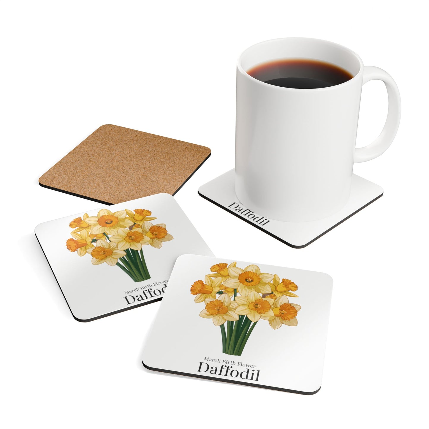 March Birth Flower Daffodil Coaster Set – Personalized Name Cork Gift for March Birthday - 14695