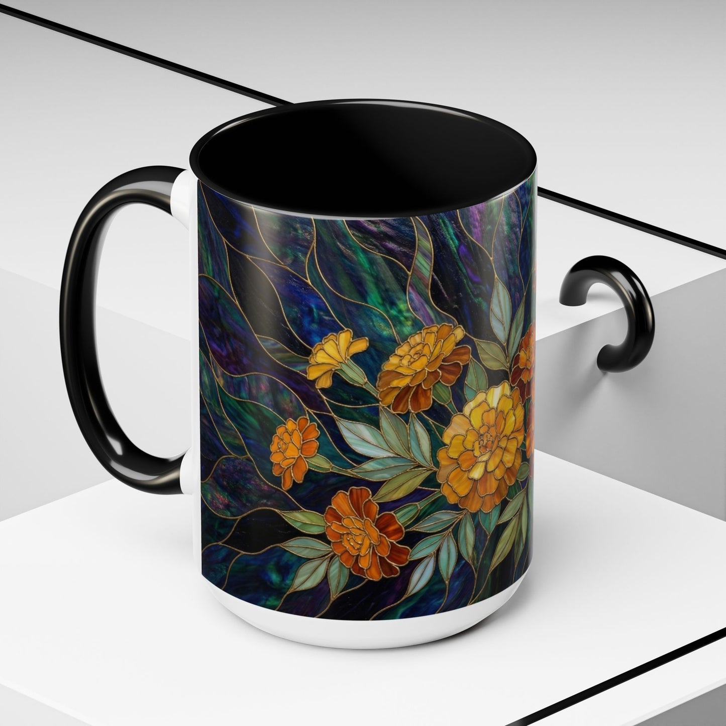 Marigold Floral Coffee Mug — Stained Glass Design  (11/15oz) - 14532