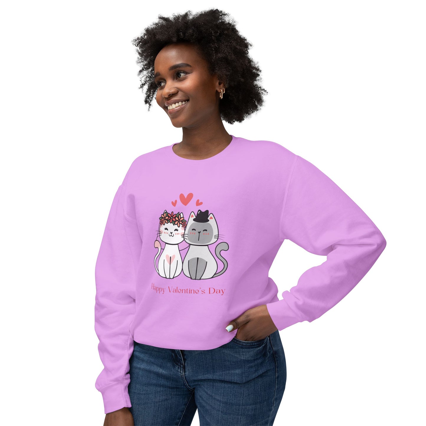 Two Cats, Happy Valentine's Day - Unisex Lightweight Crewneck Sweatshirt - 11387