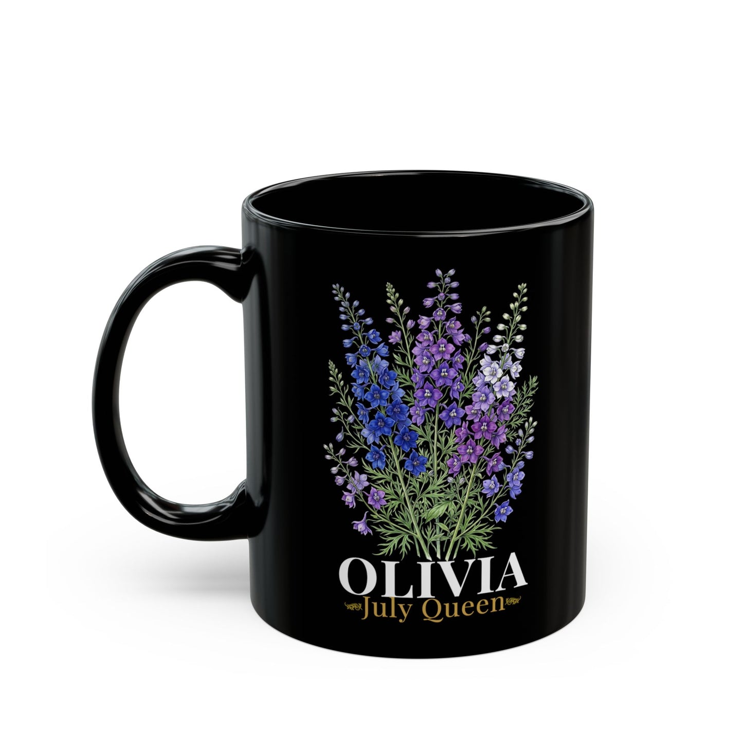 Personalized July Birth Flower Mug – Custom Name Larkspur Floral Coffee Cup, July Queen Gift for Her, Black Mug 11oz 15oz - 14905