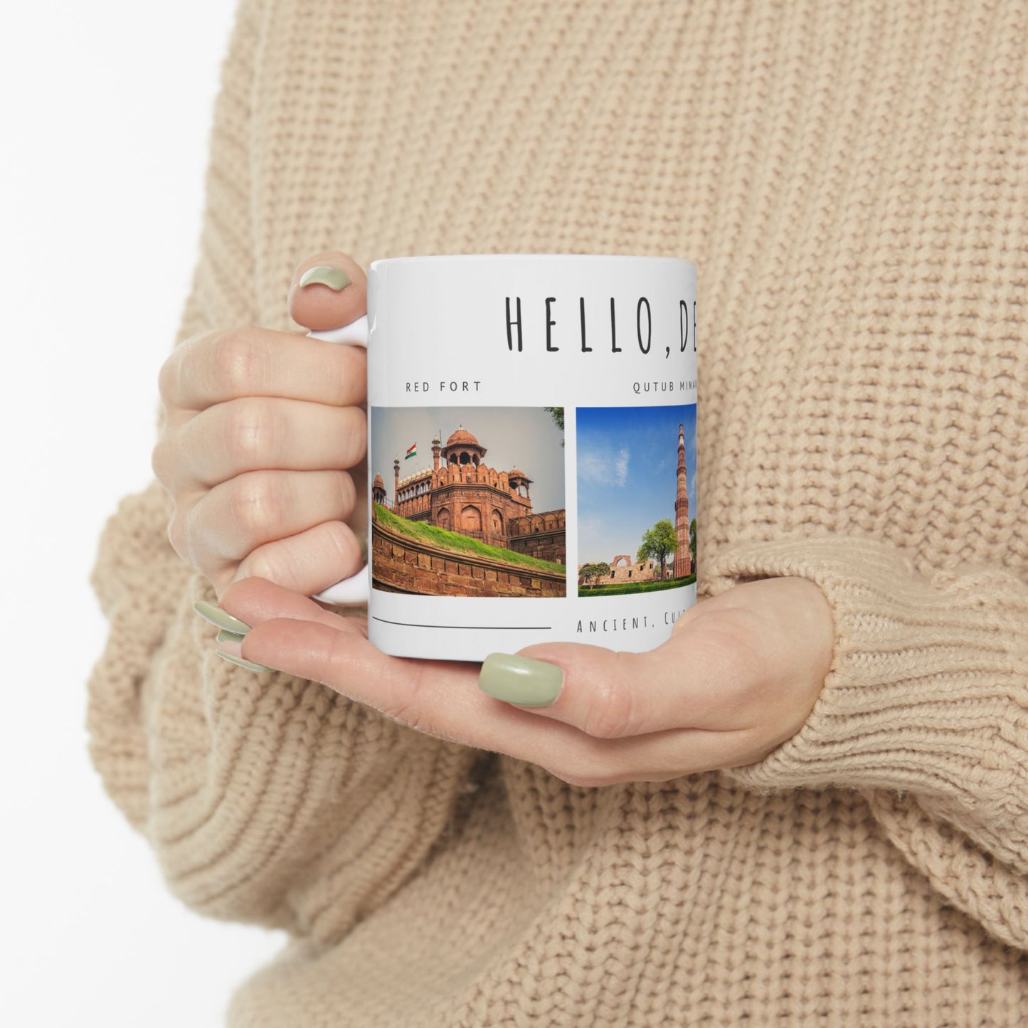 Hello Delhi! Ceramic Mug - 11oz & 15oz Travel Souvenir with Scenic Landmarks - 12025