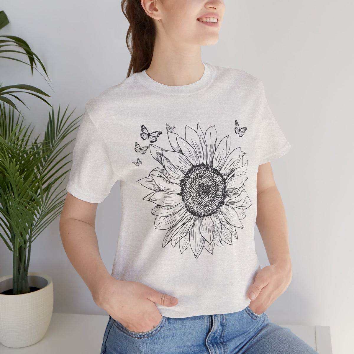 Sunflower Sketch T-Shirt, Vintage Botanical Sunflower & Butterfly Graphic Tee - 14982