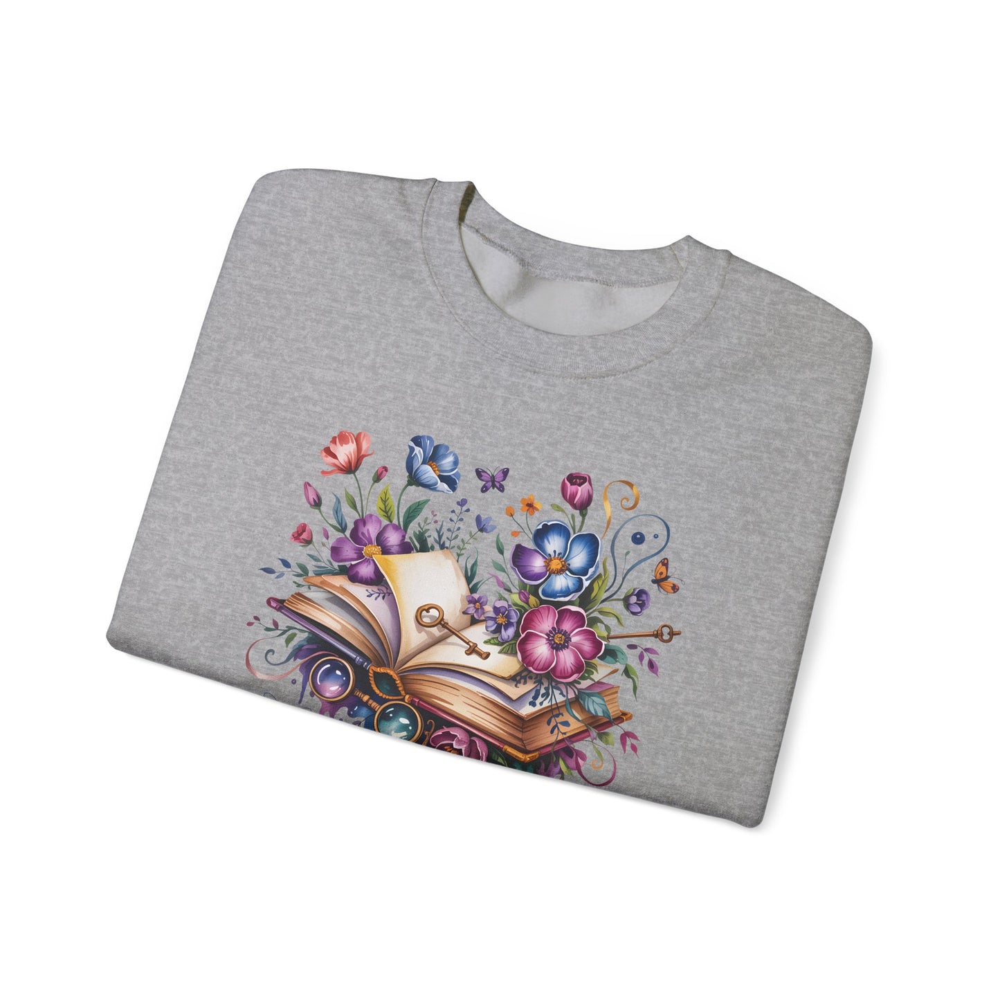 Floral Magic Book Crewneck Sweatshirt – Colorful Open Book Art for Book Lovers - 14831