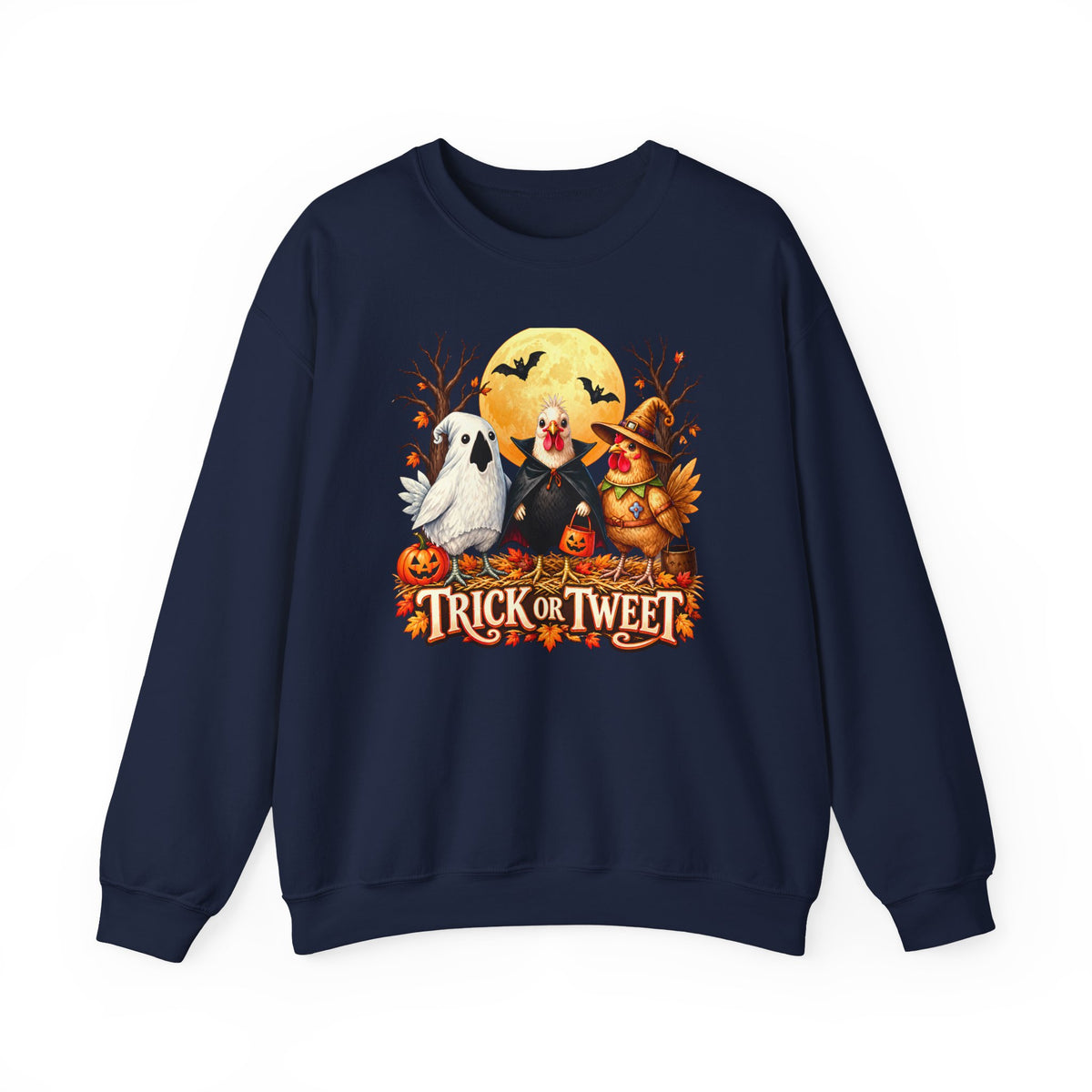 Trick or Tweet Halloween Sweatshirt, Cute Costume Chickens & Ghost Crewneck- 14512