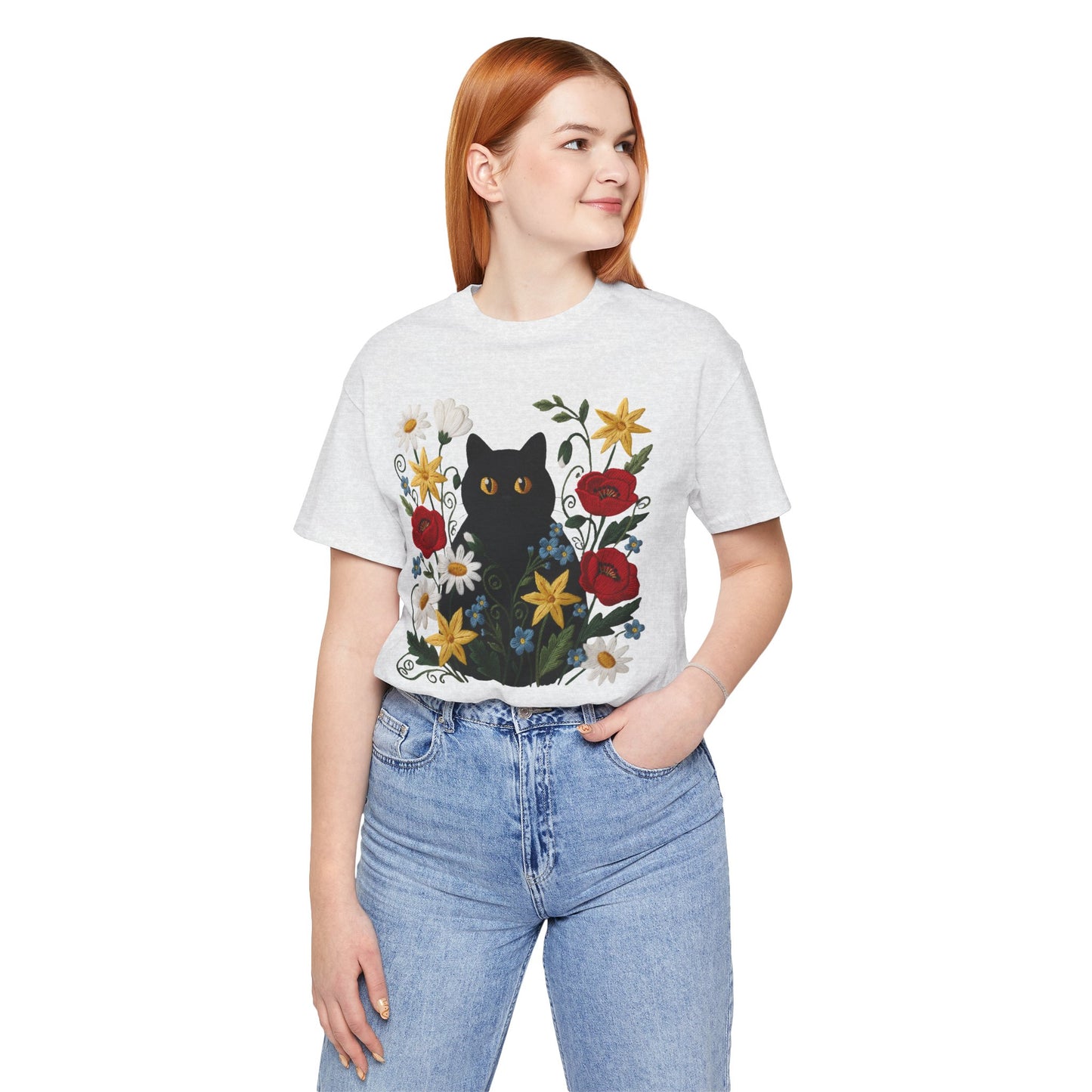 Black Cat in Wildflowers T-Shirt — Floral Cat Tee for Cat Lovers - 14921