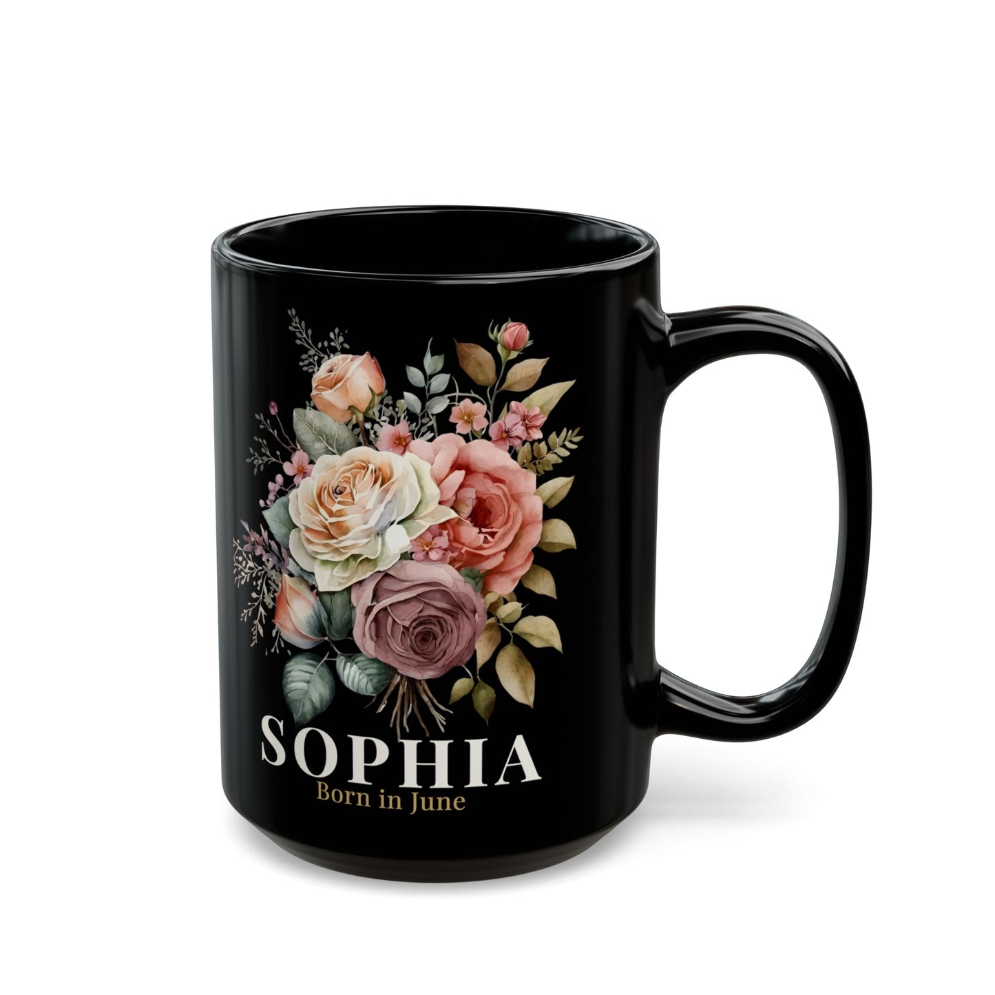 Custom Born in June Mug – Personalized June Birthday Floral Rose Coffee Cup, Black Ceramic Mug 11oz 15oz - 14894