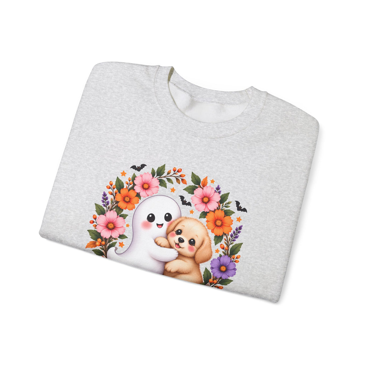 Cute Ghost & Puppy Halloween Sweatshirt,  Floral Crewneck - 14515