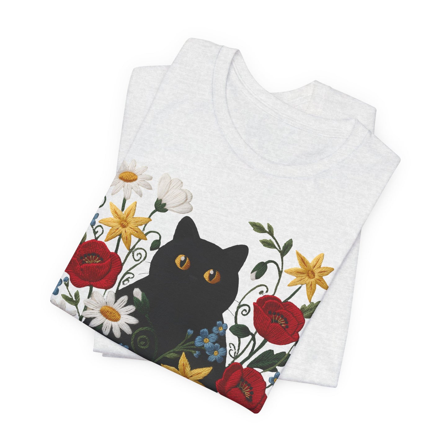 Black Cat in Wildflowers T-Shirt — Floral Cat Tee for Cat Lovers - 14921