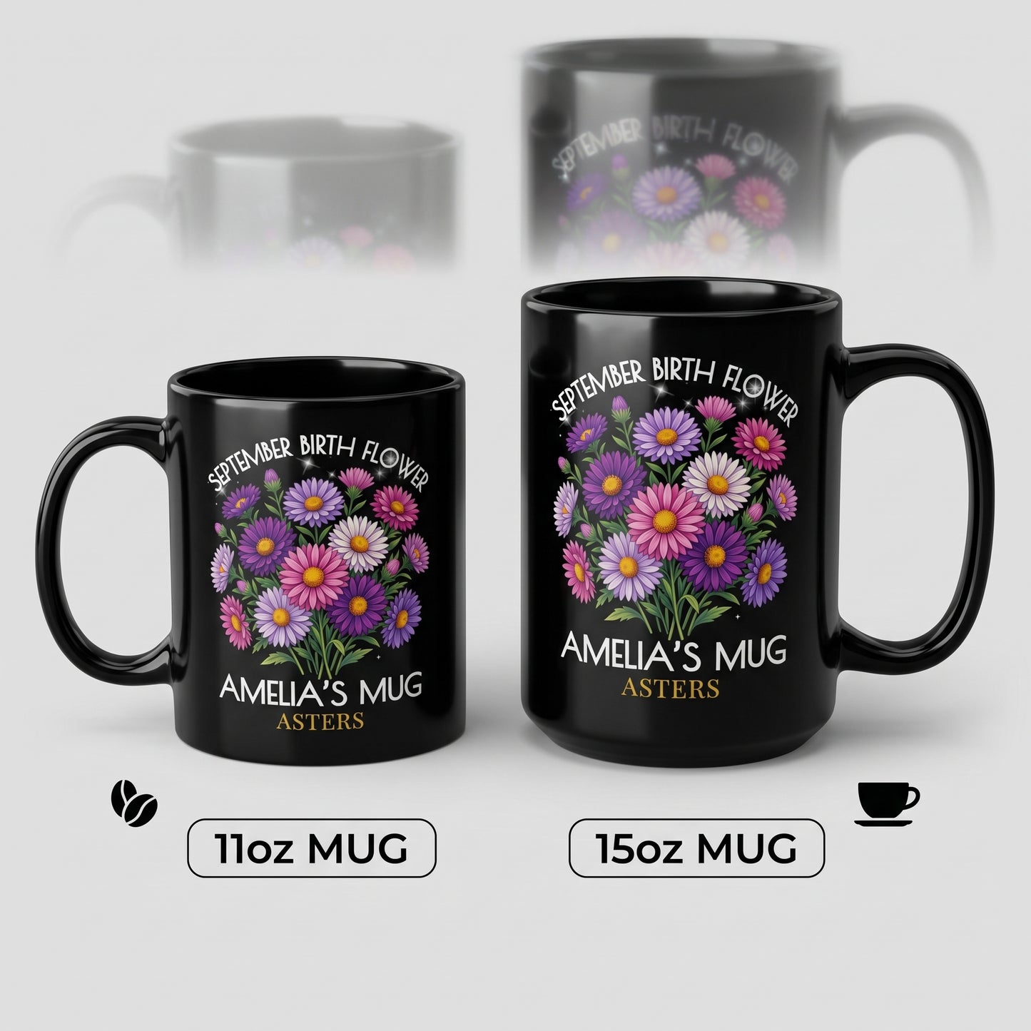 Personalized September Birth Flower Mug — Custom Name Aster Black Coffee Cup (11oz/15oz) - 14918