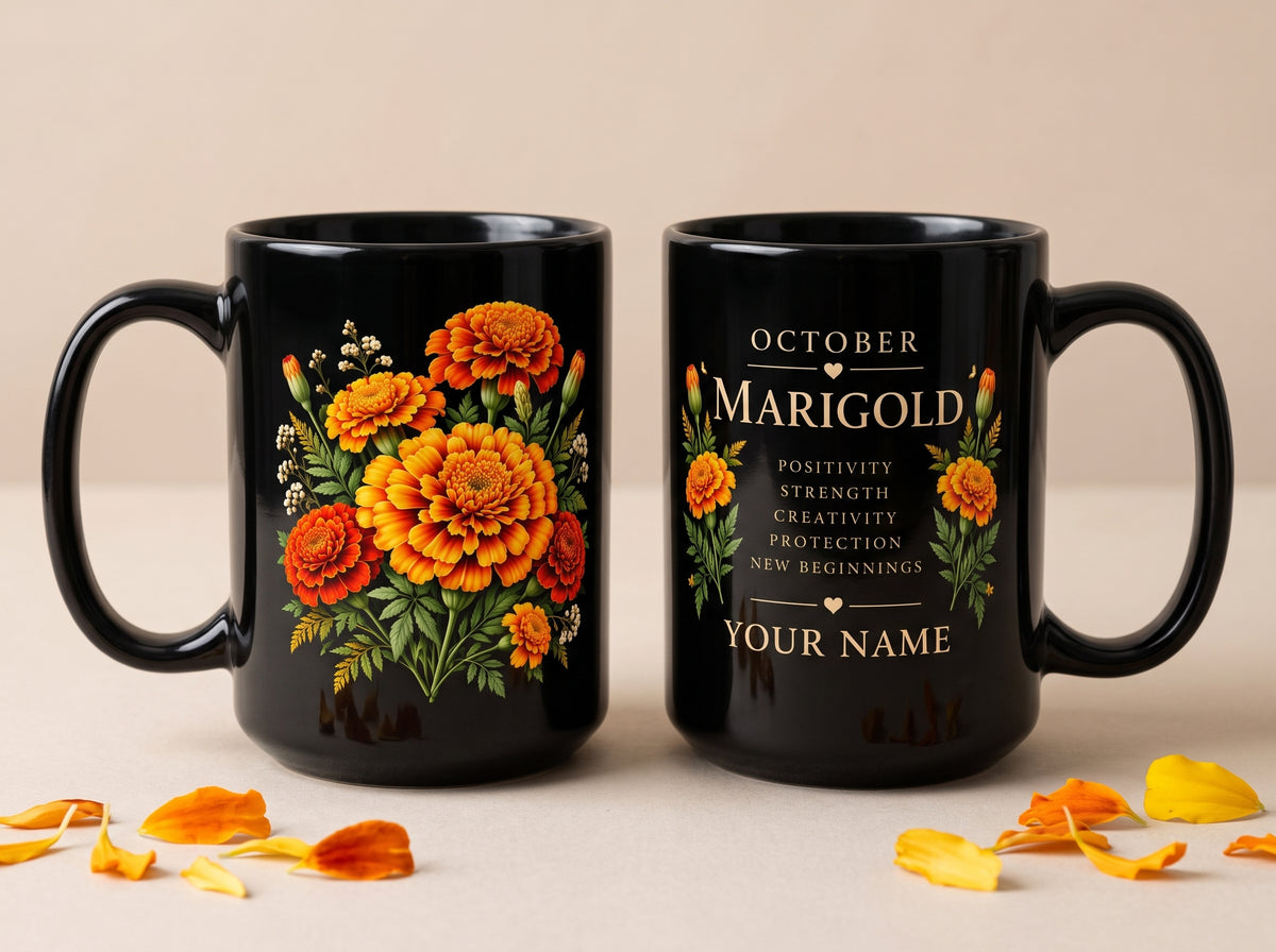 Personalized October Marigold Black Mug, Custom Name Birth Flower Coffee Cup - 14977