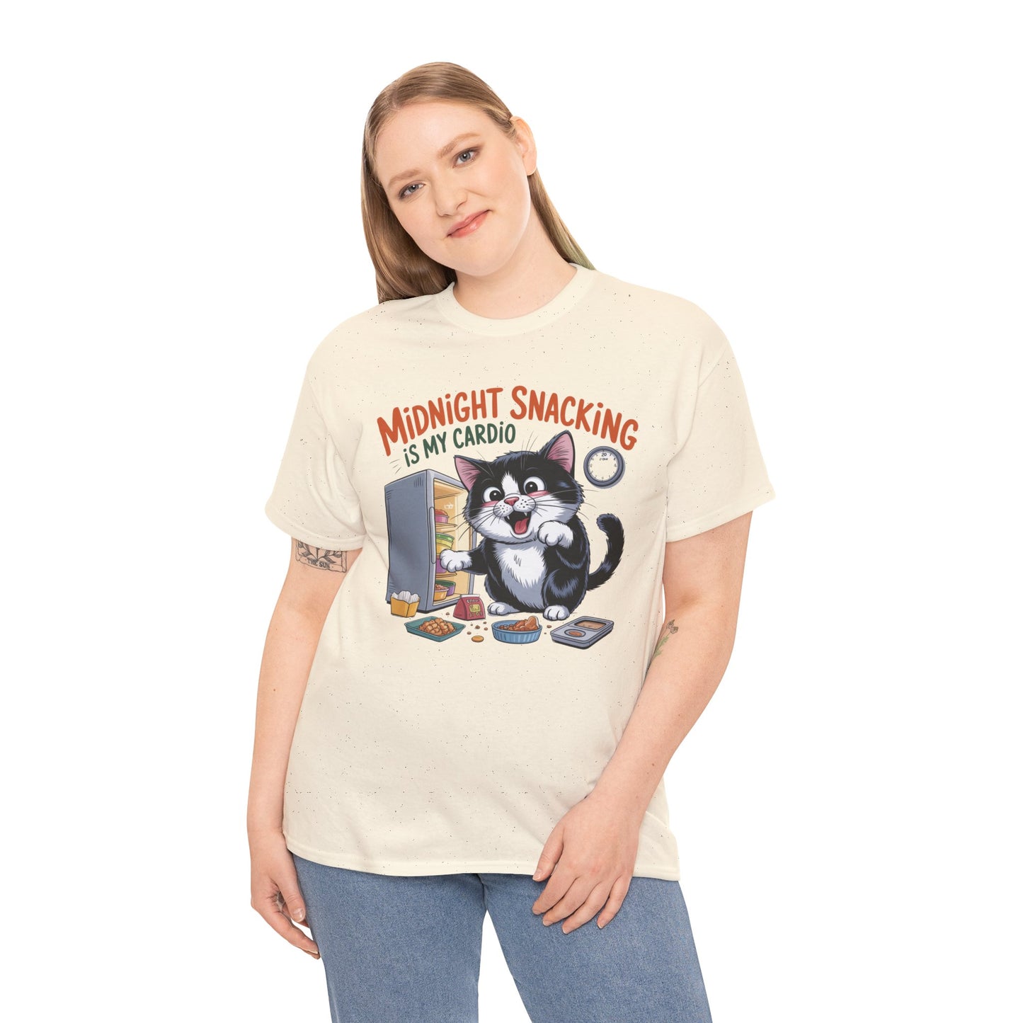 Midnight Snacking Is My Cardio T-Shirt — Funny Cat Graphic Tee, Cute Food Lover Gift - 14865