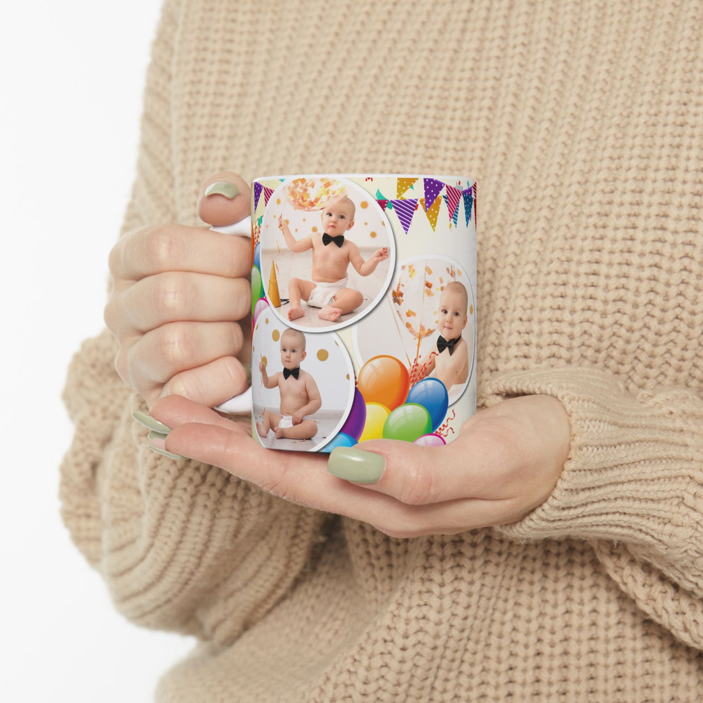 Personalized Birthday Ceramic Mug - Custom 1st Birthday Celebration Cup, Party Favor, Kid's Birthday Gift, Colorful Balloons, Fun Memories - 13997
