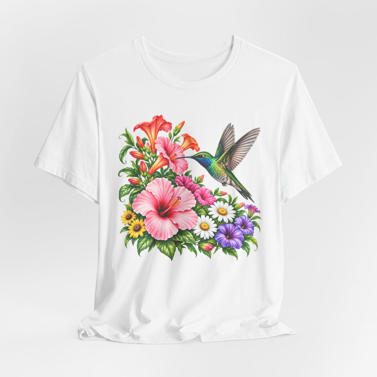 Hummingbird & Hibiscus T-Shirt, Colorful Tropical Floral Garden Tee - 14542